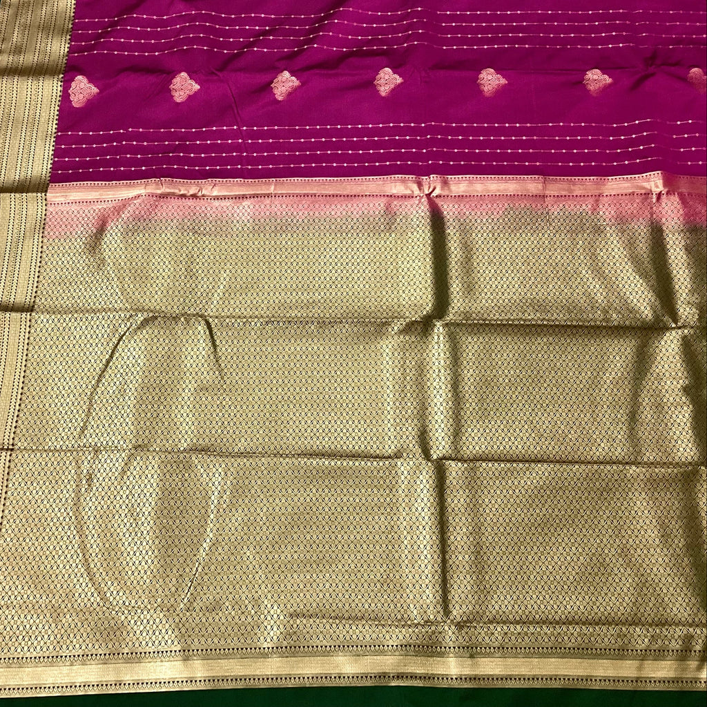 Magenta Silk Brocade Saree Champagne Gold Pallu Forest Green Border