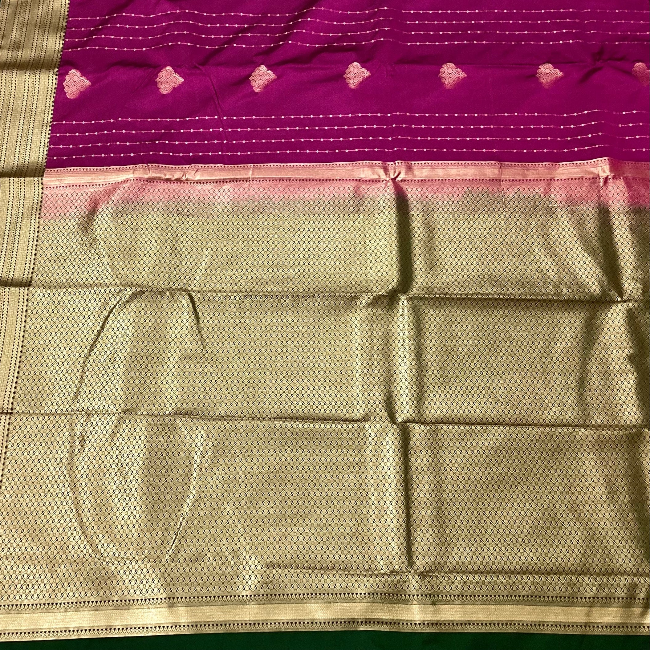Magenta Silk Brocade Saree Champagne Gold Pallu Forest Green Border