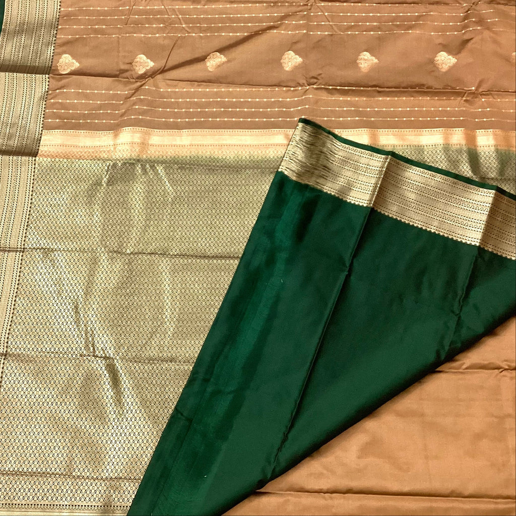 Taupe Brown Silk Saree Silver Brocade Pallu Teal Contrast Border