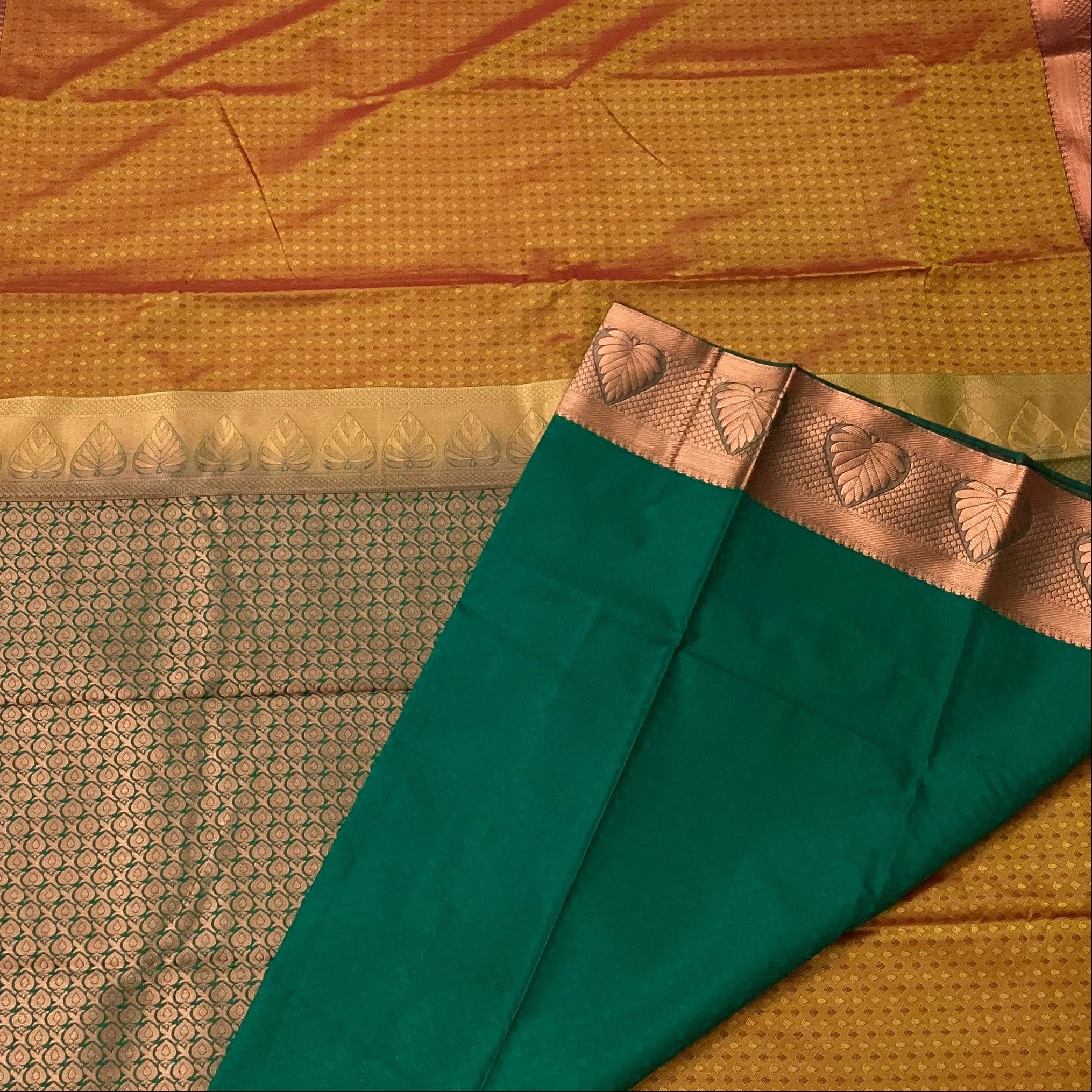 Copper Brown Saree With Copper Leaf Border And Teal Pallu