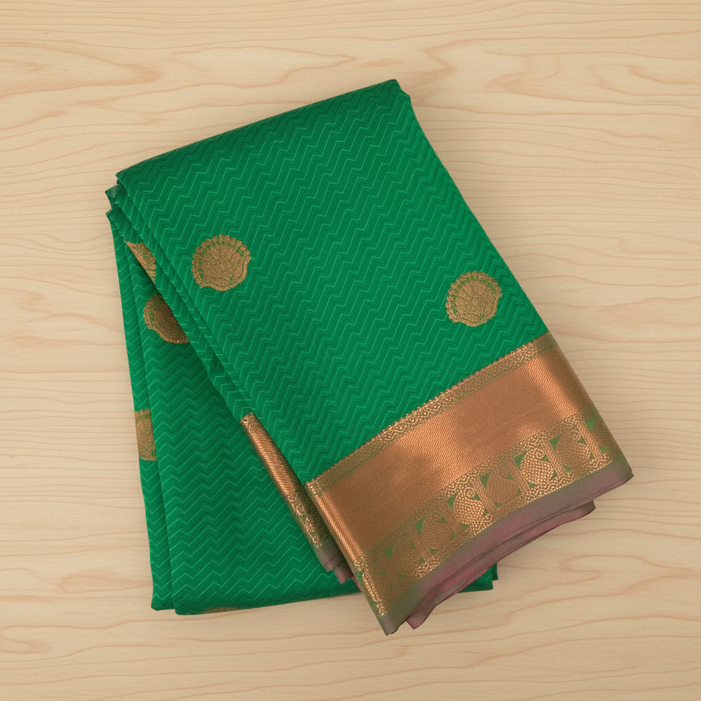 Emerald Green Silk Saree with Magenta Pallu and Gold Zari