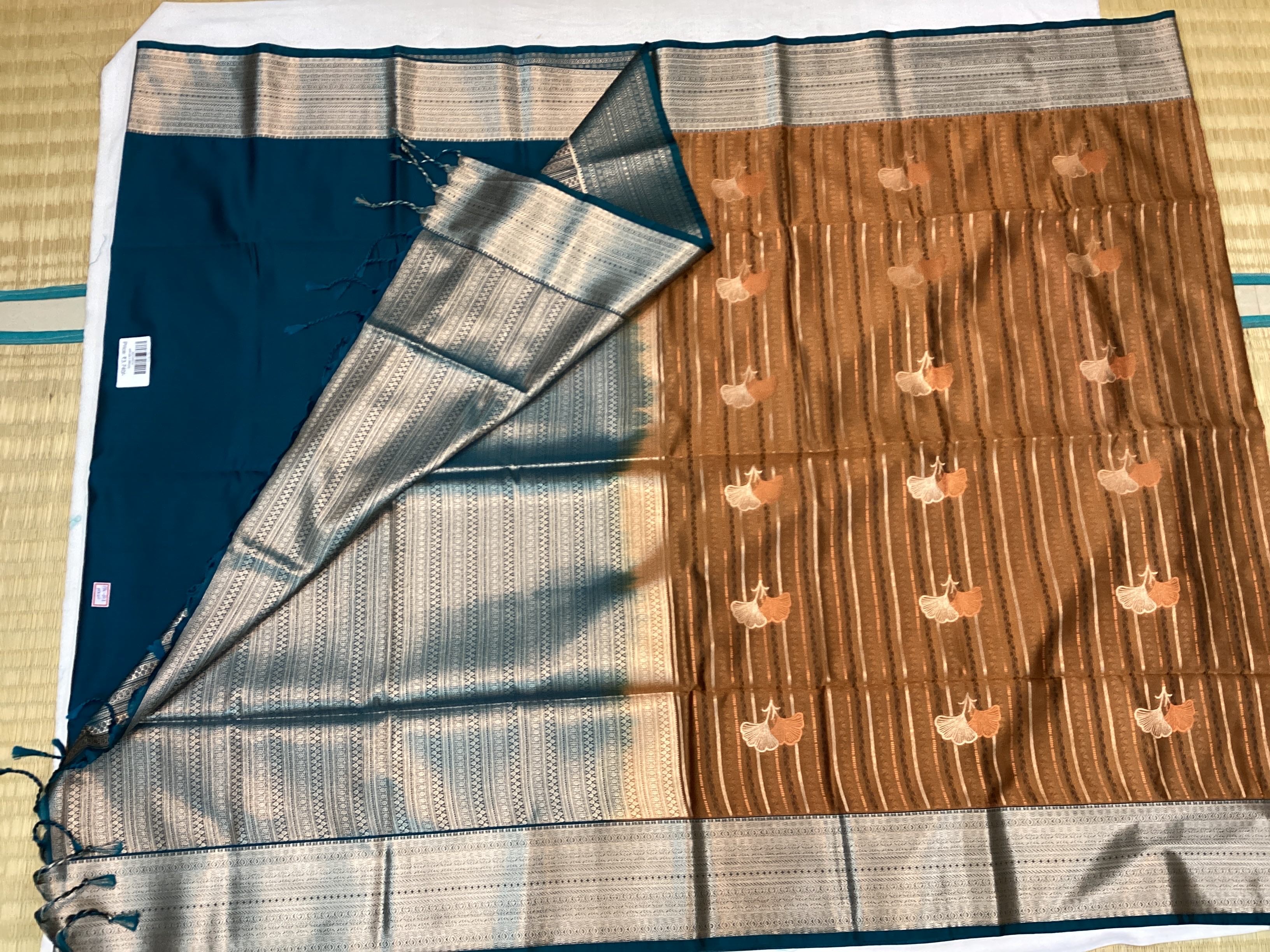 Copper Teal Silk Saree Silver Zari Floral Motif Festive