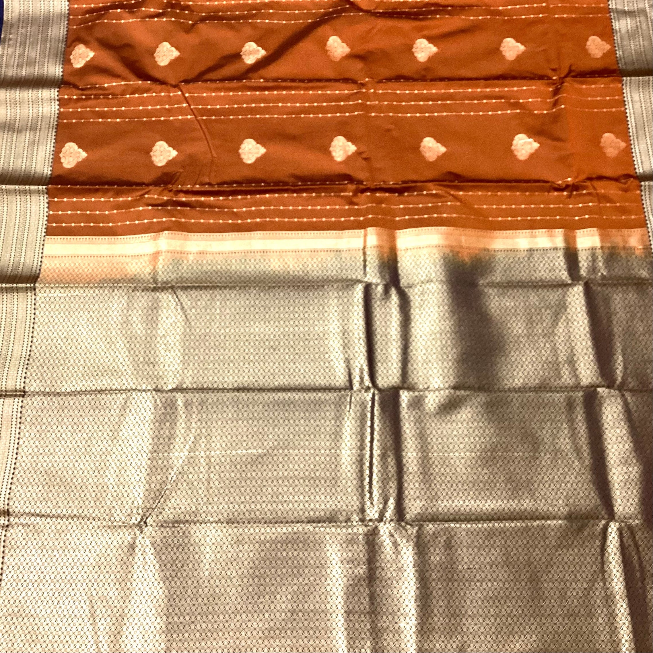 Rust Orange Zari Saree Silver Pallu Navy Contrast Elegant Design