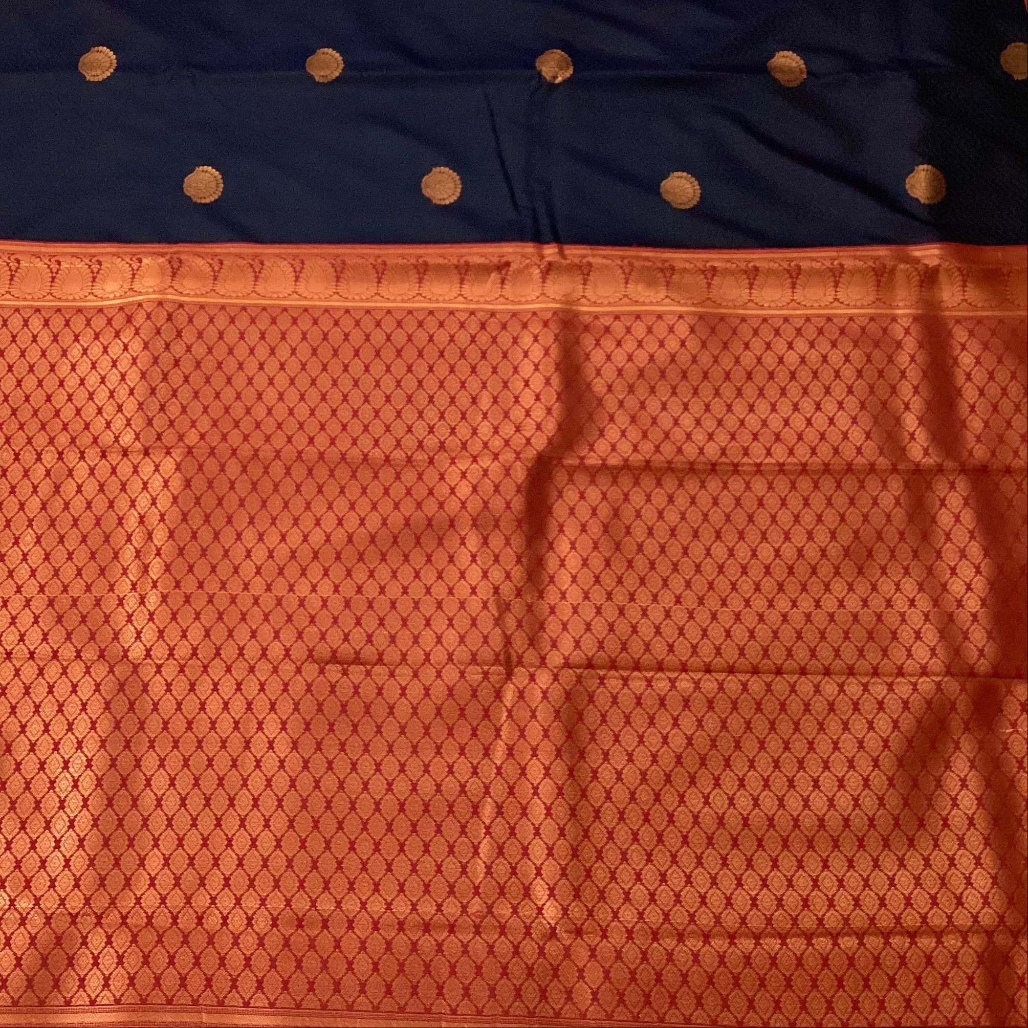 Navy Blue Silk Saree Copper Gold Woven Pallu Traditional Festive