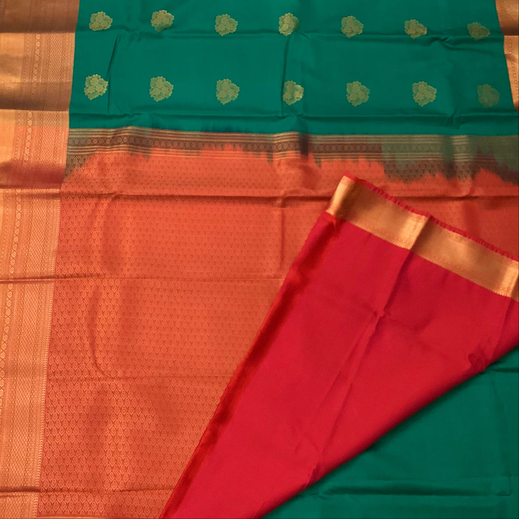 Teal Silk Saree Coral Pallu Gold Border Floral Buti Wedding