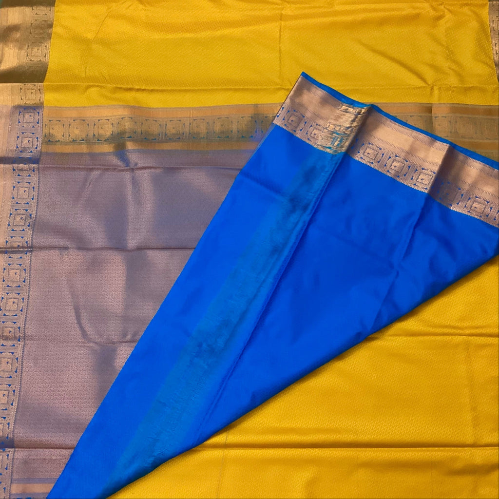 Mustard Silk Saree Copper Zari Border Royal Blue Pallu Traditional