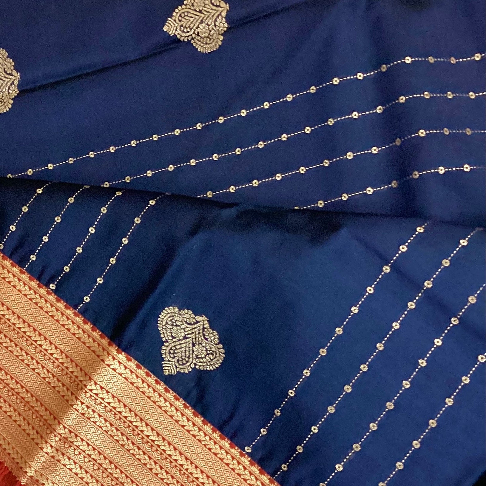 Royal Blue Silver Buti Woven Saree Pale Peach Pallu Crimson