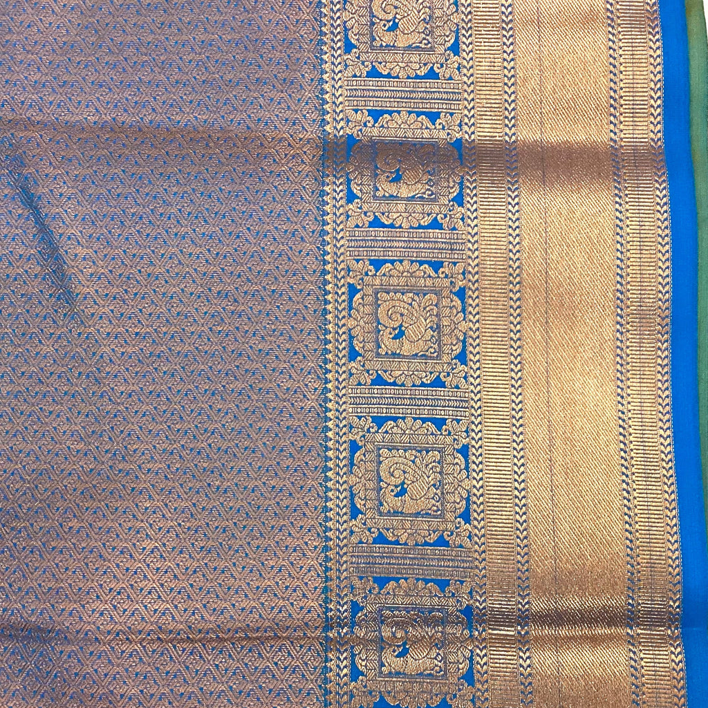 Mustard Silk Saree Copper Zari Border Royal Blue Pallu Traditional