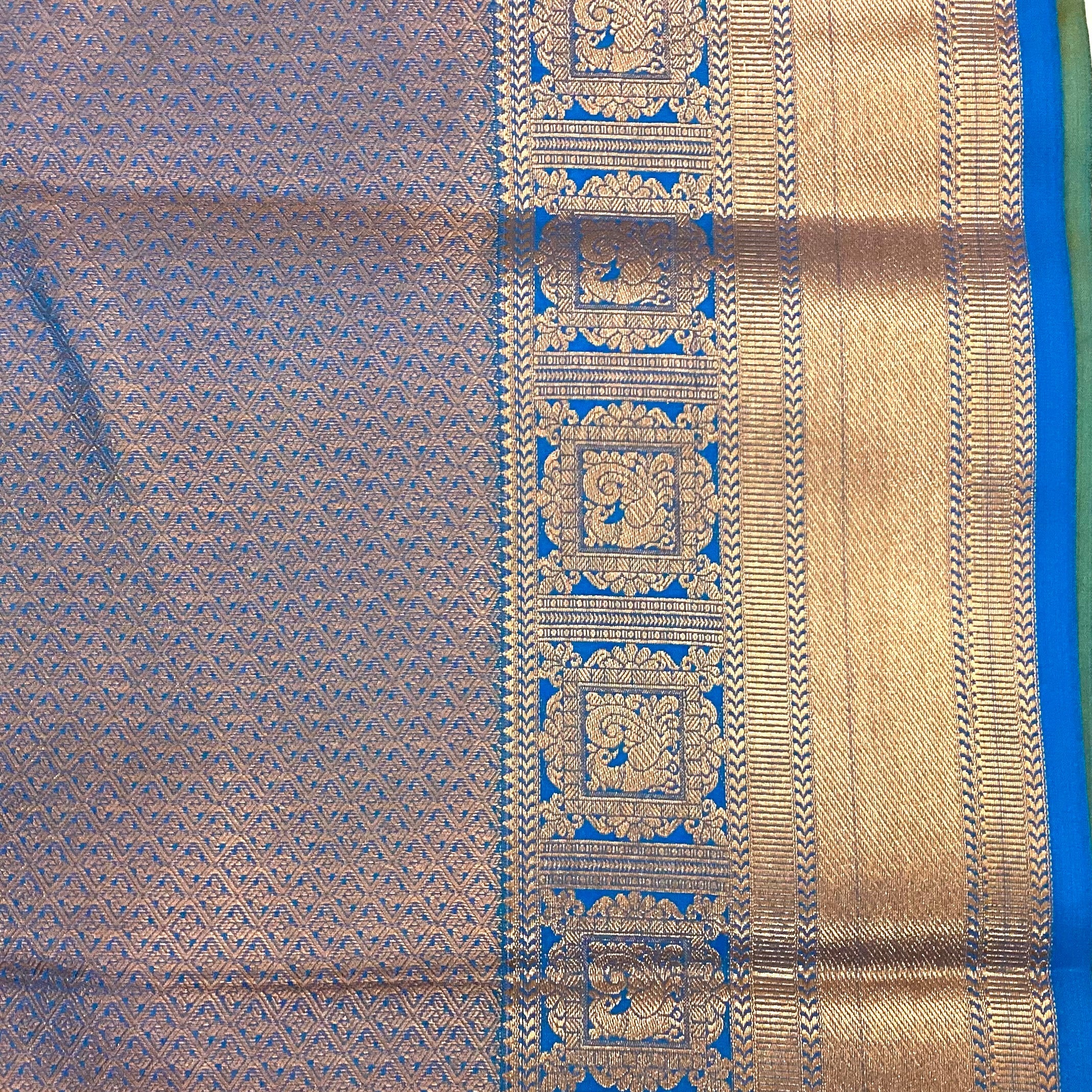 Mustard Silk Saree Copper Zari Border Royal Blue Pallu Traditional
