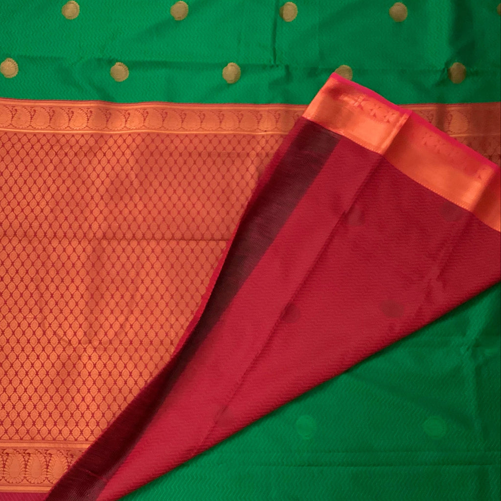 Emerald Green Silk Saree with Magenta Pallu and Gold Zari