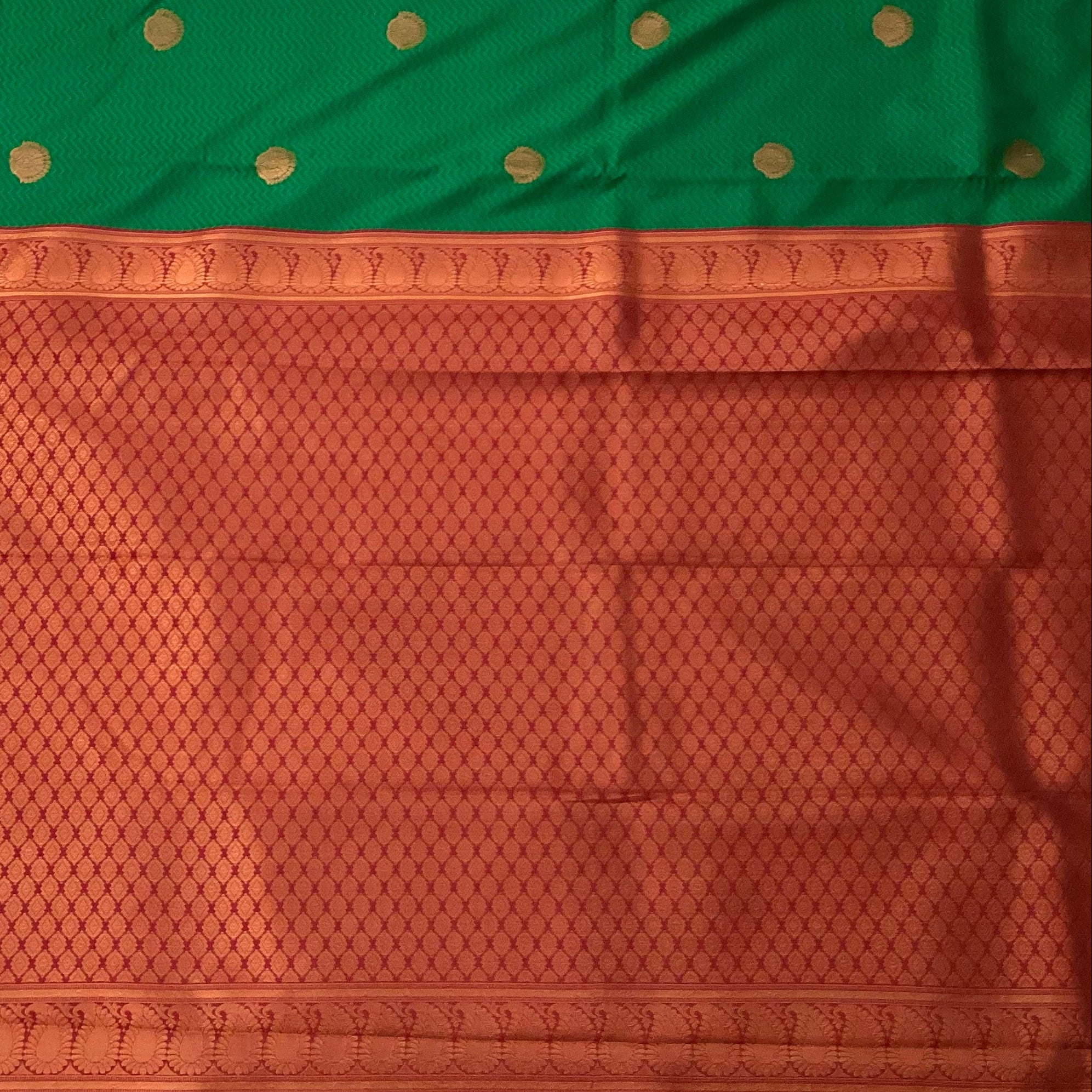 Emerald Green Silk Saree Copper Zari Maroon Pallu Traditional Festive