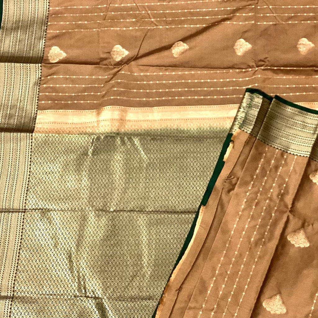 Taupe Brown Silk Saree Silver Brocade Pallu Teal Contrast Border