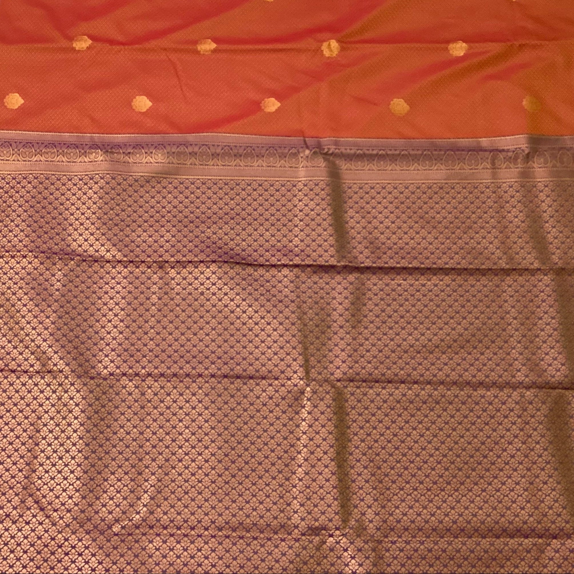 Rust Orange Silk Saree with Copper Buti and Purple Pallu