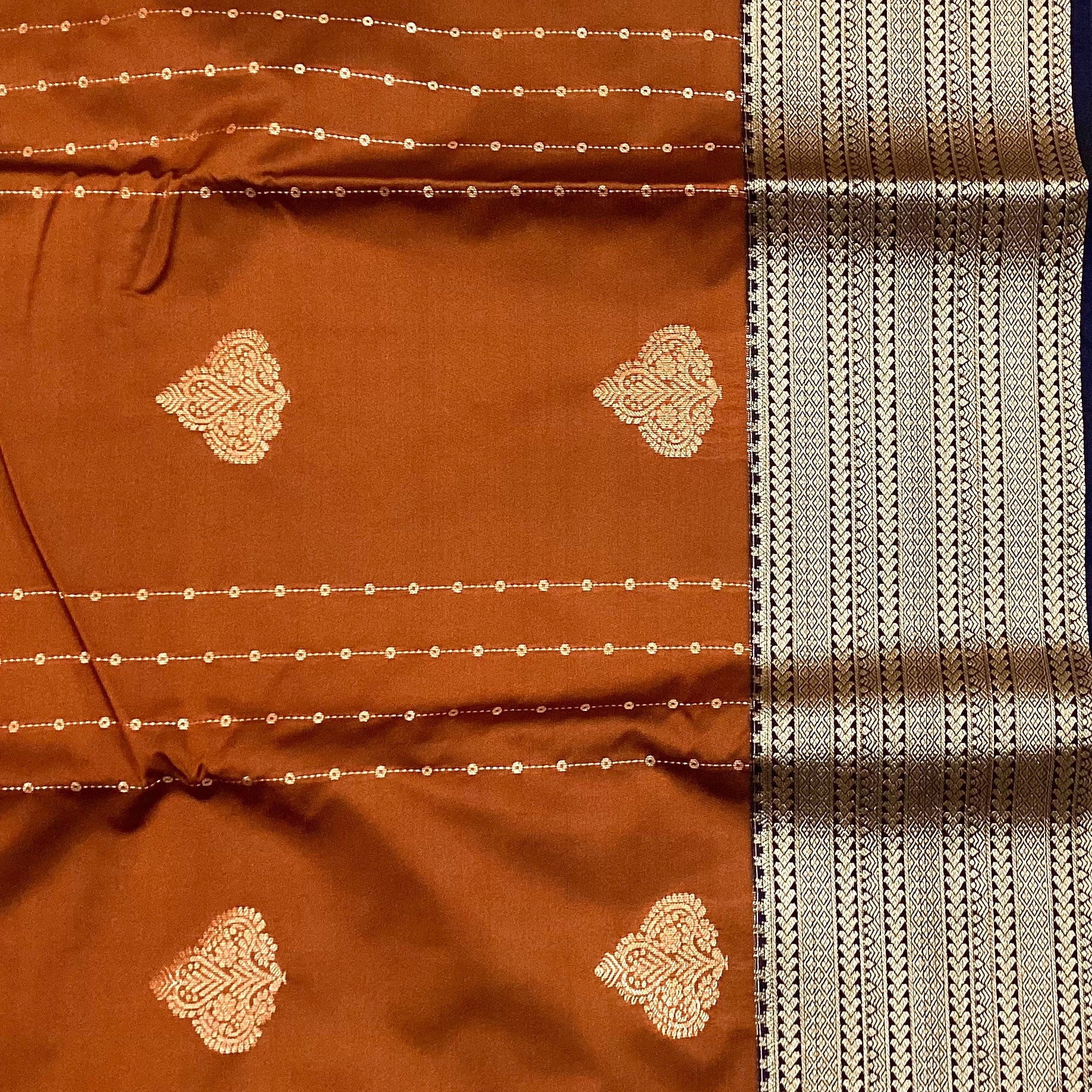 Rust Orange Zari Saree Silver Pallu Navy Contrast Elegant Design