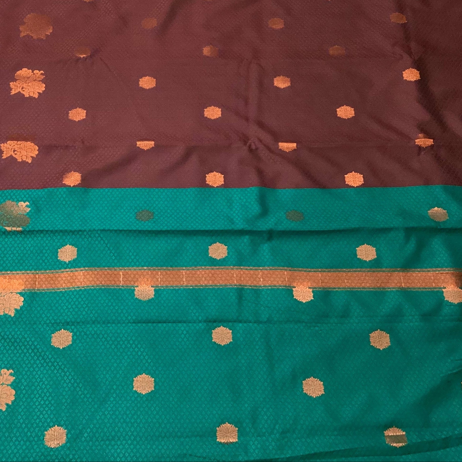 Elegant Teal Maroon Silk Saree Copper Floral Buttas Woven Border