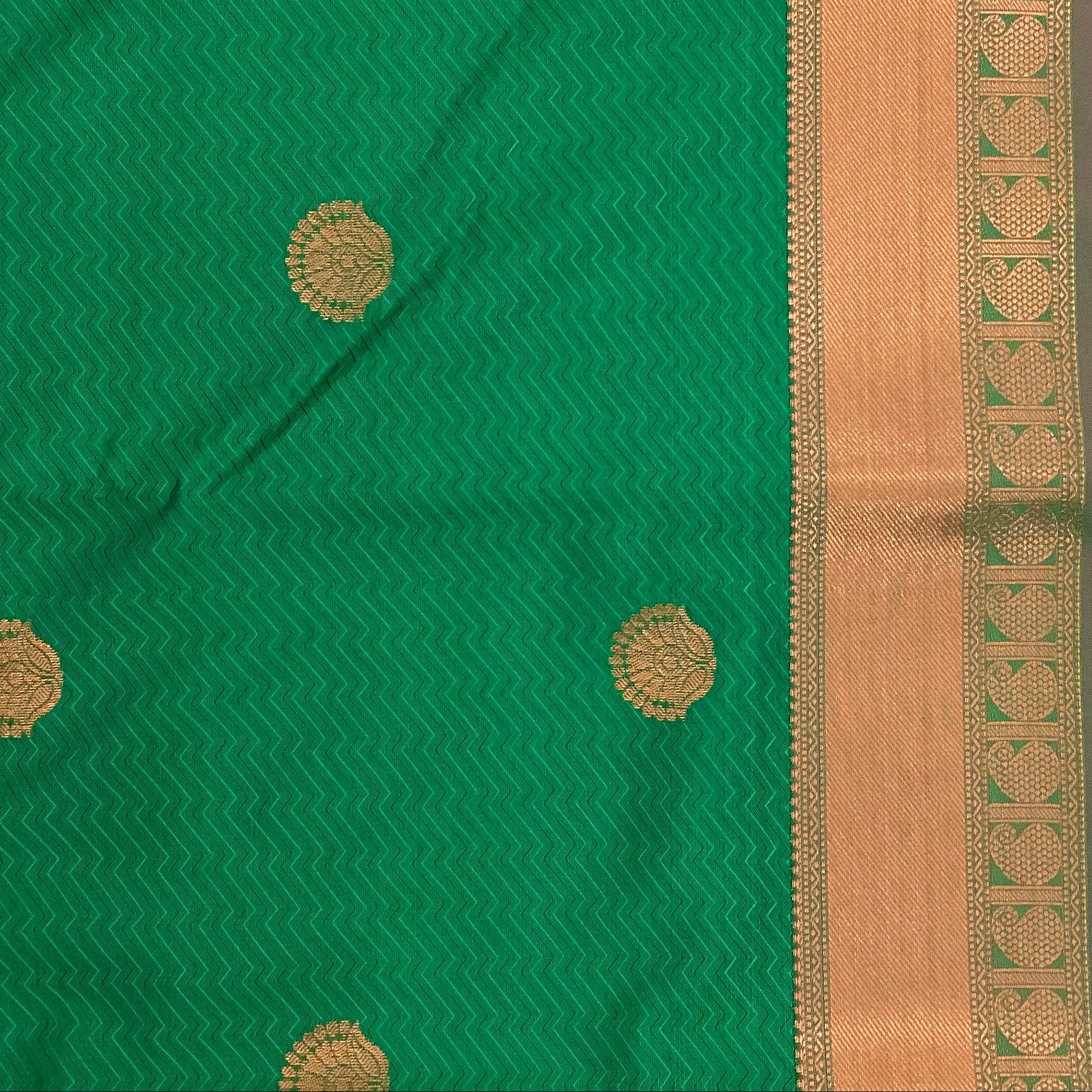 Emerald Green Silk Saree Copper Zari Maroon Pallu Traditional Festive
