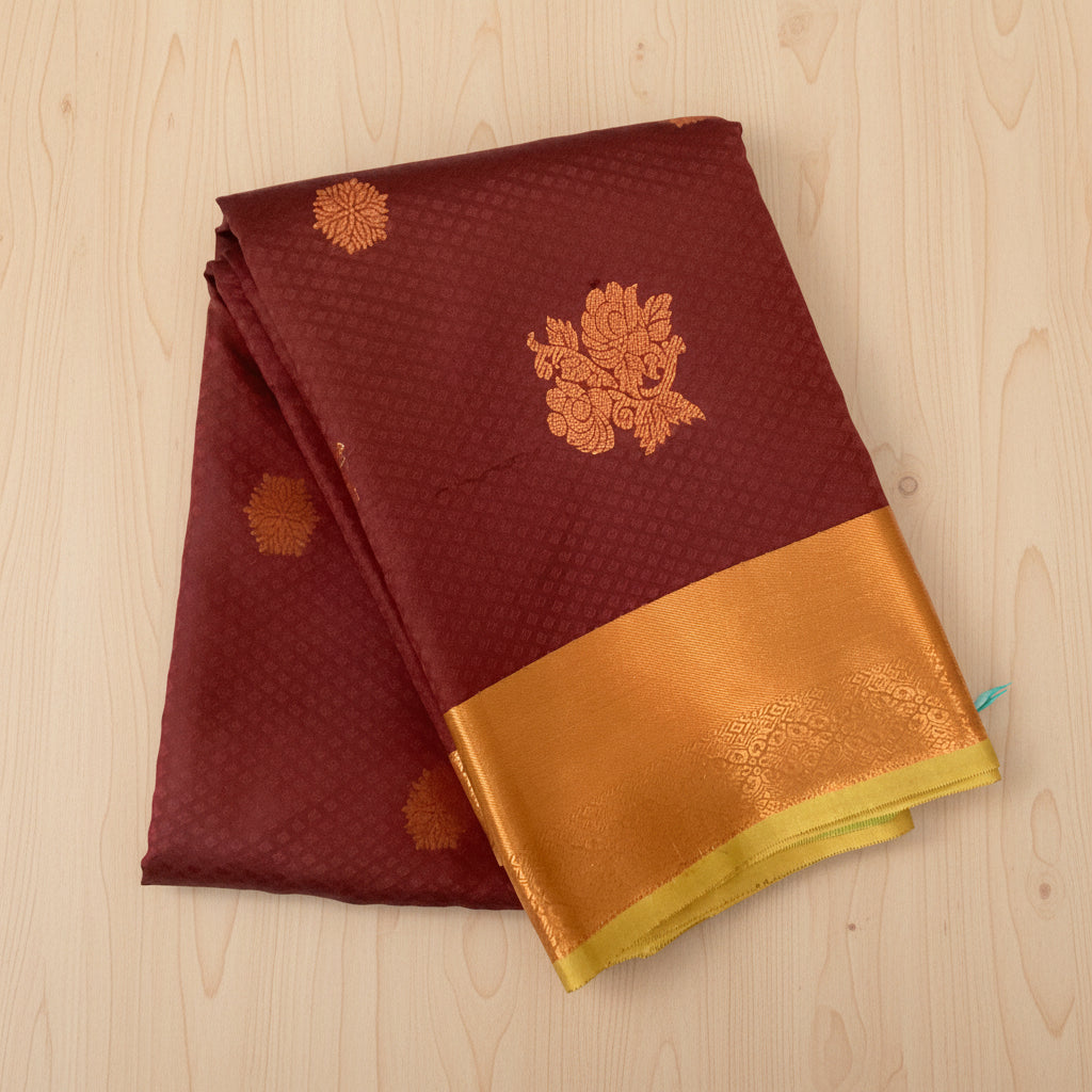 Teal Maroon Silk Saree Gold Zari Floral Buta Broad Border