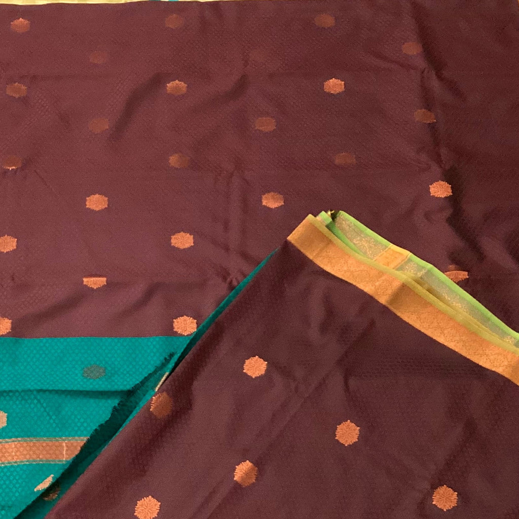 Elegant Teal Maroon Silk Saree Copper Floral Buttas Woven Border