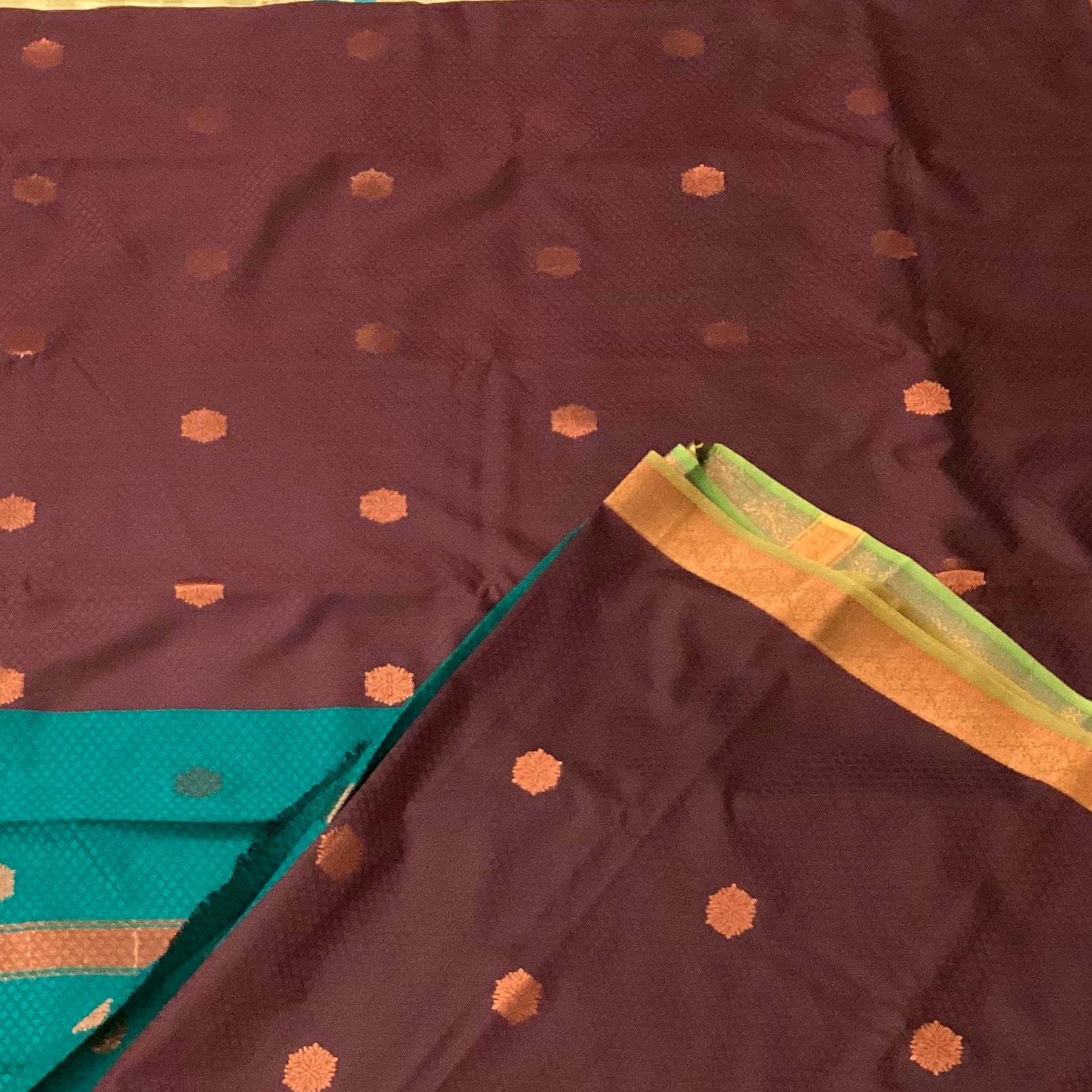 Elegant Teal Maroon Silk Saree Copper Floral Buttas Woven Border