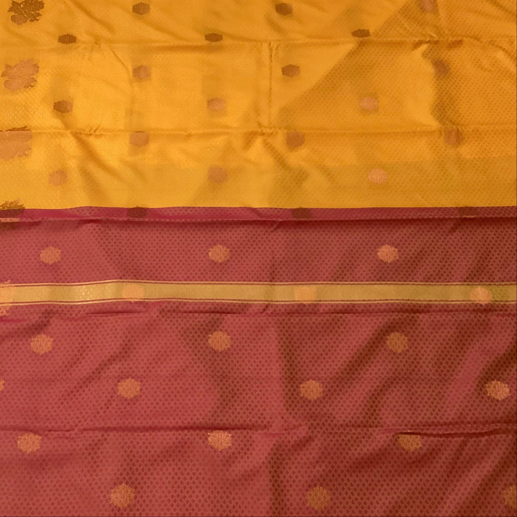 Saffron Maroon Pure Silk Saree With Golden Zari Floral Pallu