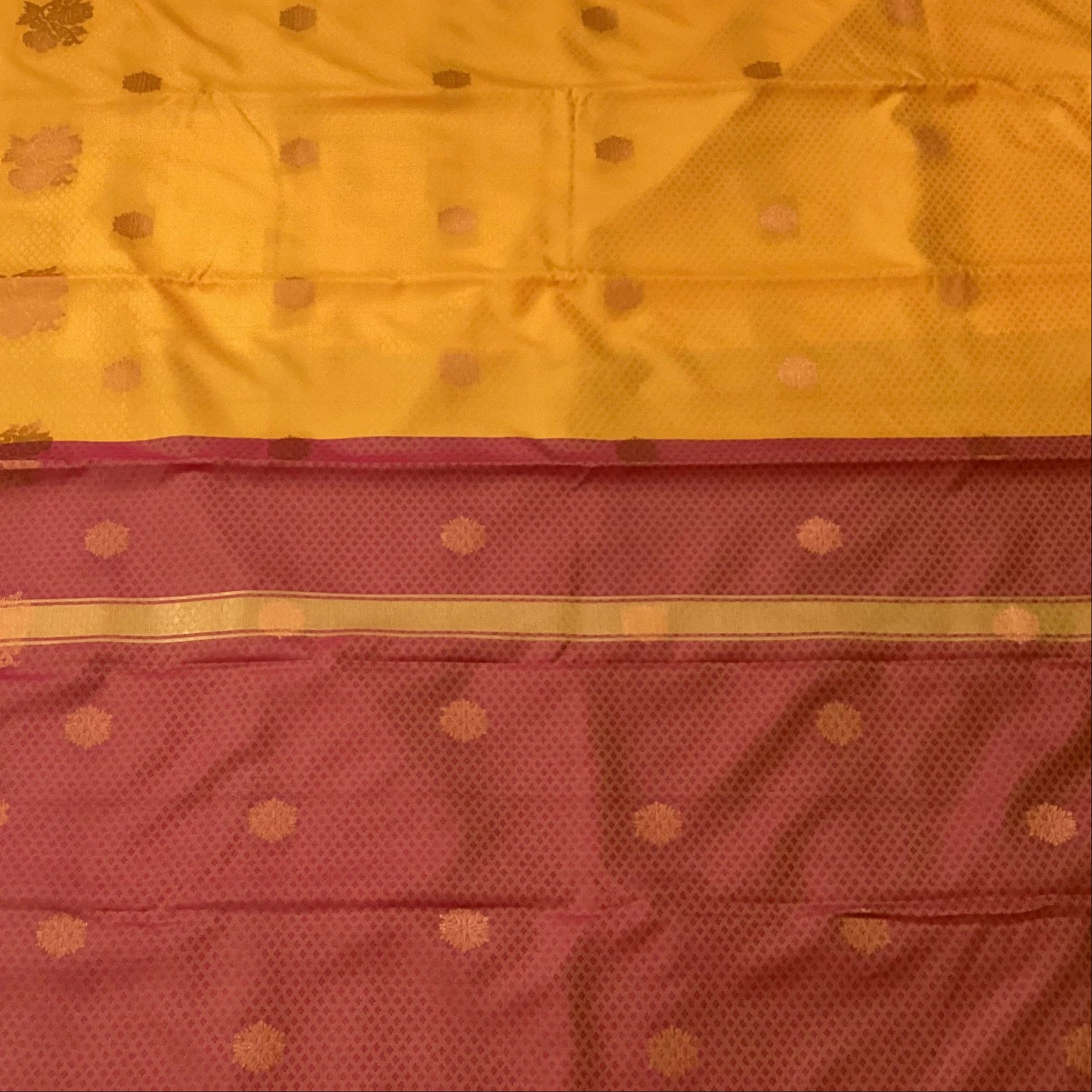 Saffron Maroon Pure Silk Saree With Golden Zari Floral Pallu