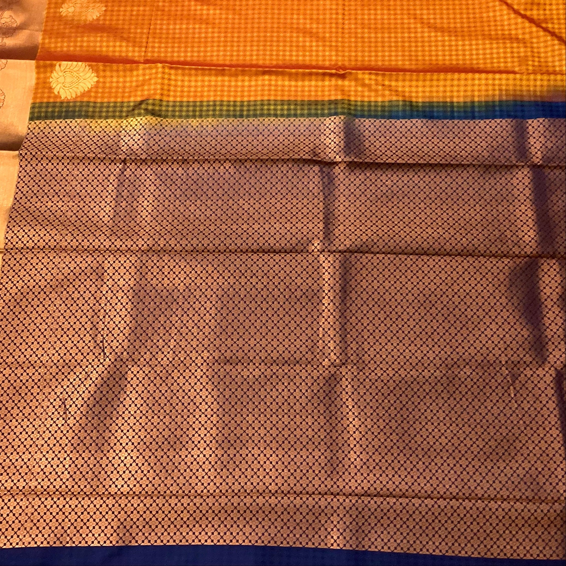 Burnt Orange Silk Saree Cobalt Blue Pallu Copper Zari Border