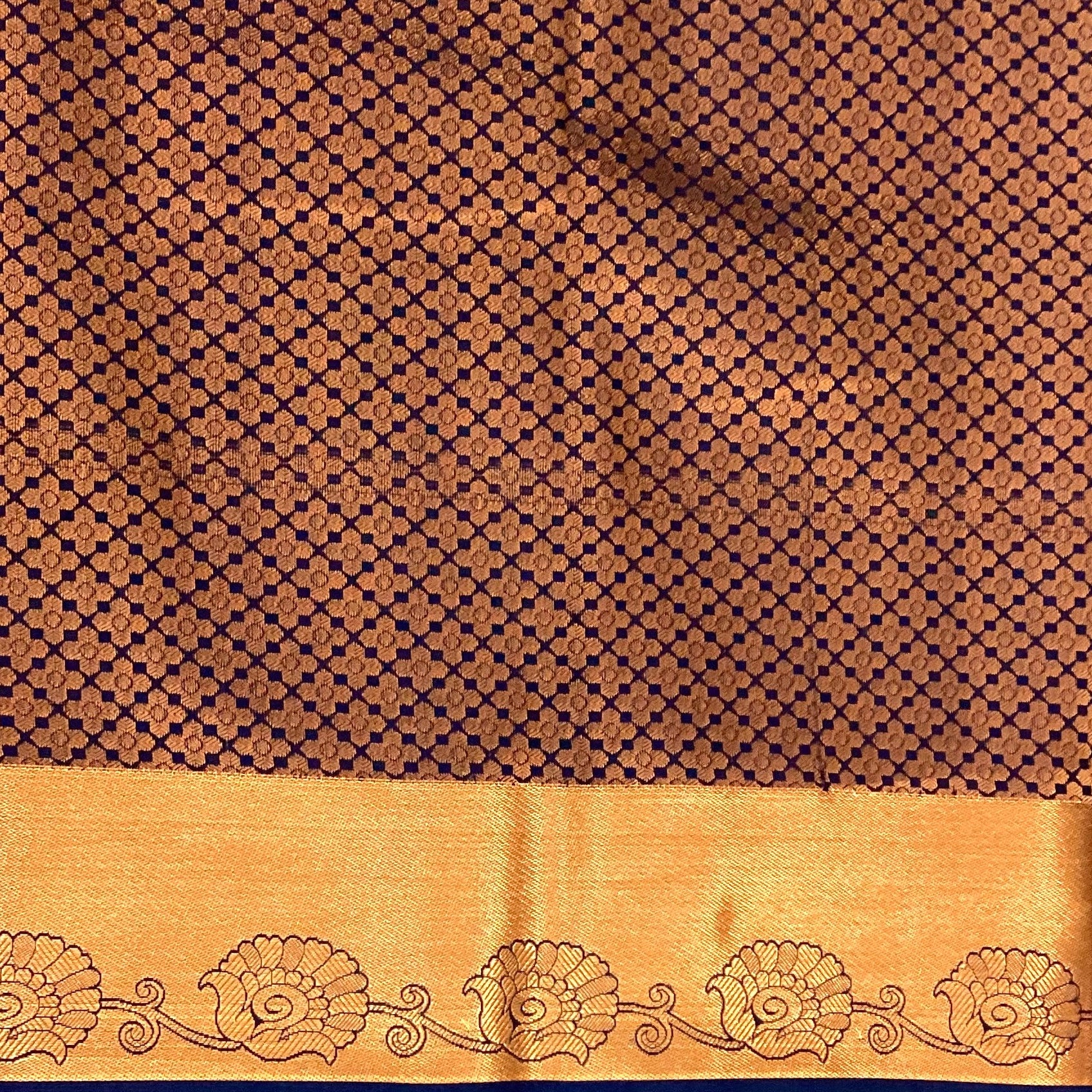 Burnt Orange Silk Saree Cobalt Blue Pallu Copper Zari Border