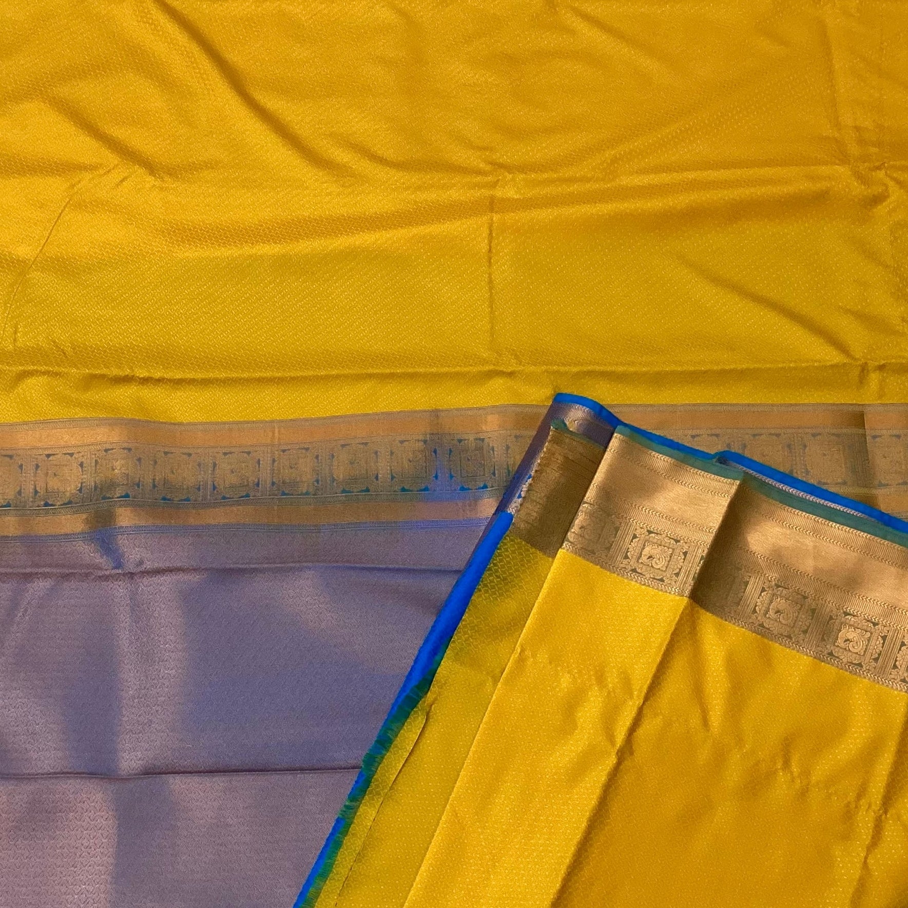 Mustard Silk Saree Copper Zari Border Royal Blue Pallu Traditional