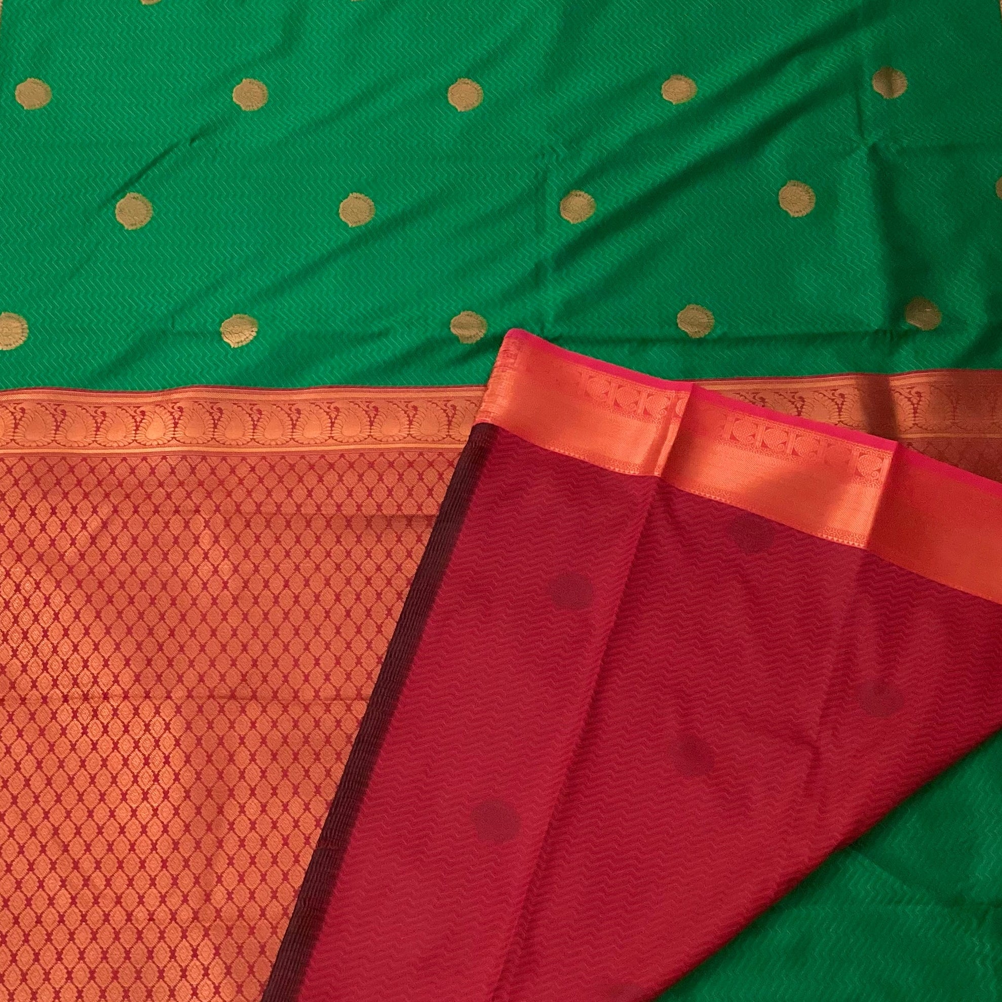 Emerald Green Silk Saree Copper Zari Maroon Pallu Traditional Festive