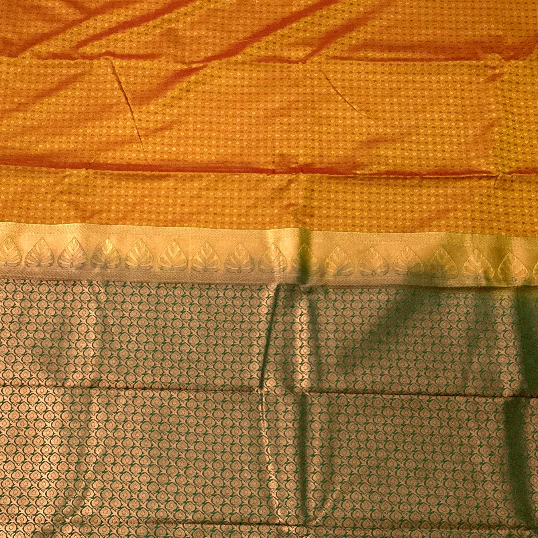 Copper Brown Saree With Copper Leaf Border And Teal Pallu