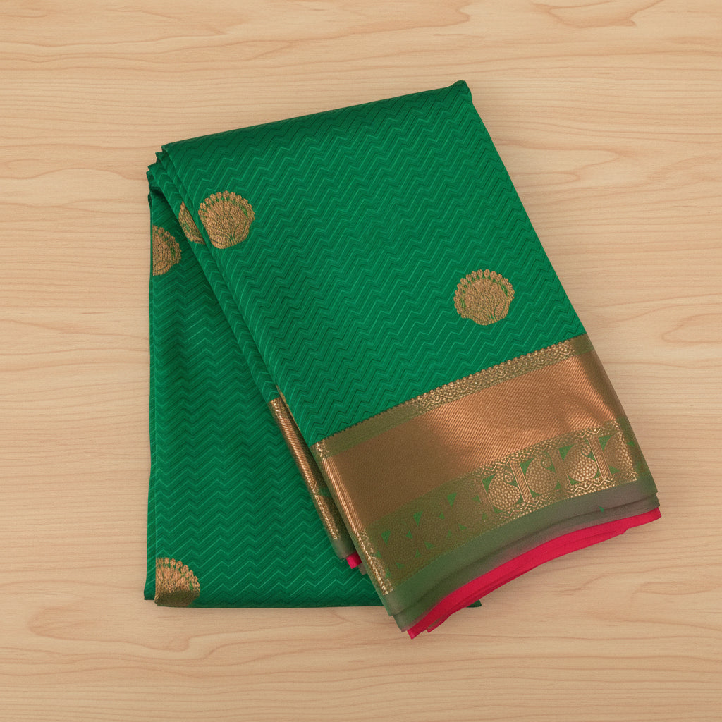 Emerald Green Silk Saree Copper Zari Maroon Pallu Traditional Festive
