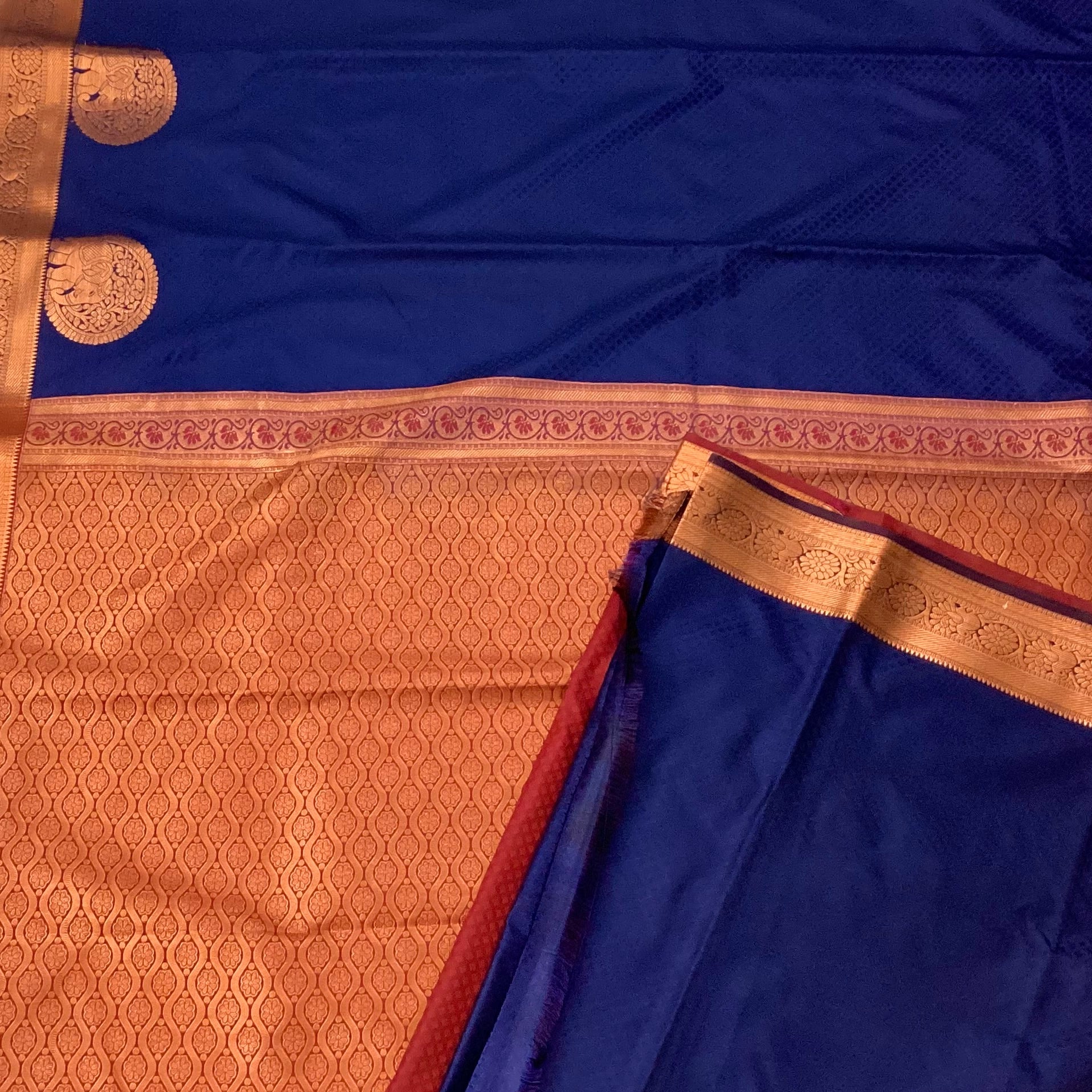 Cobalt Blue Silk Saree Copper Zari Pallu Elephant Border Traditional