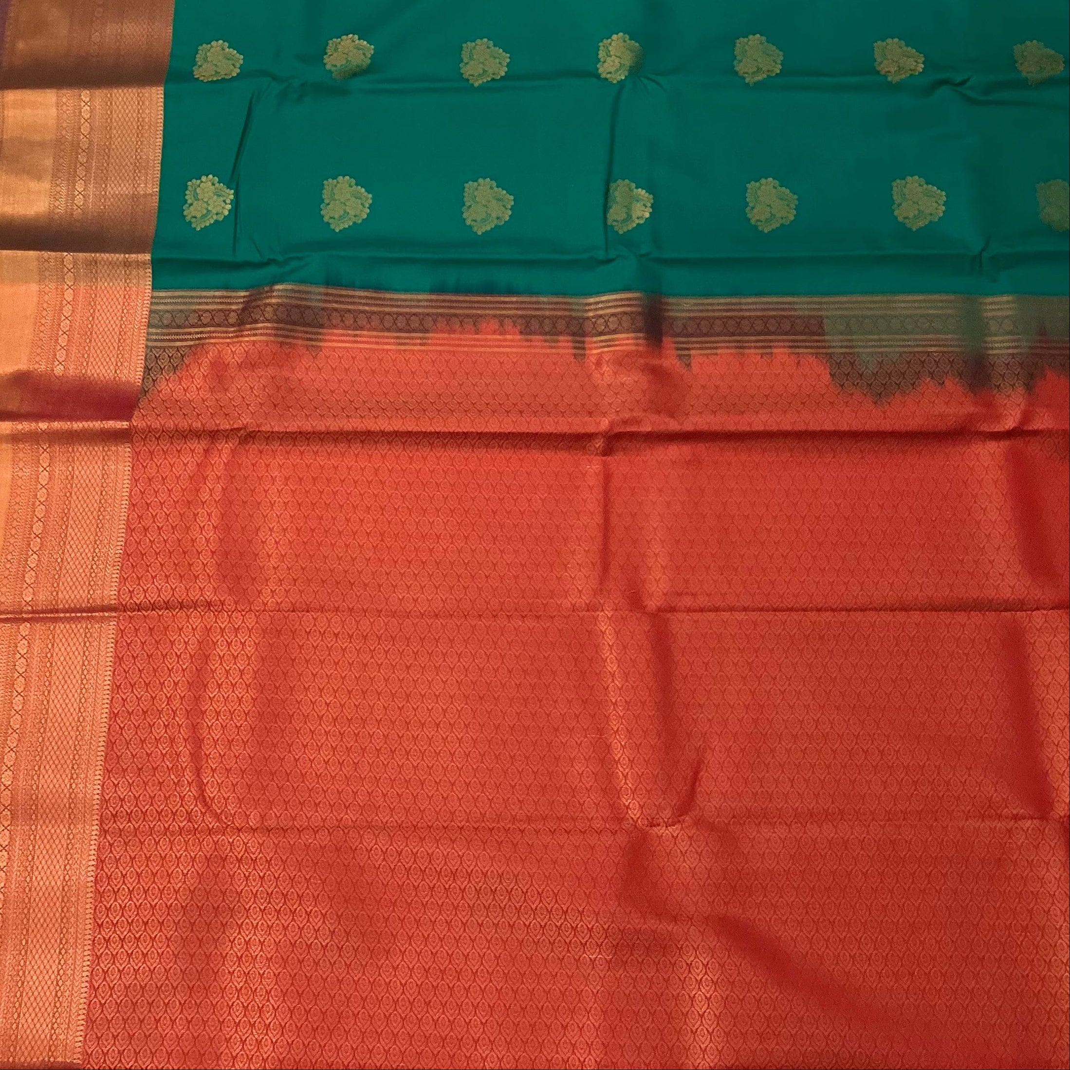 Teal Silk Saree Coral Pallu Gold Border Floral Buti Wedding