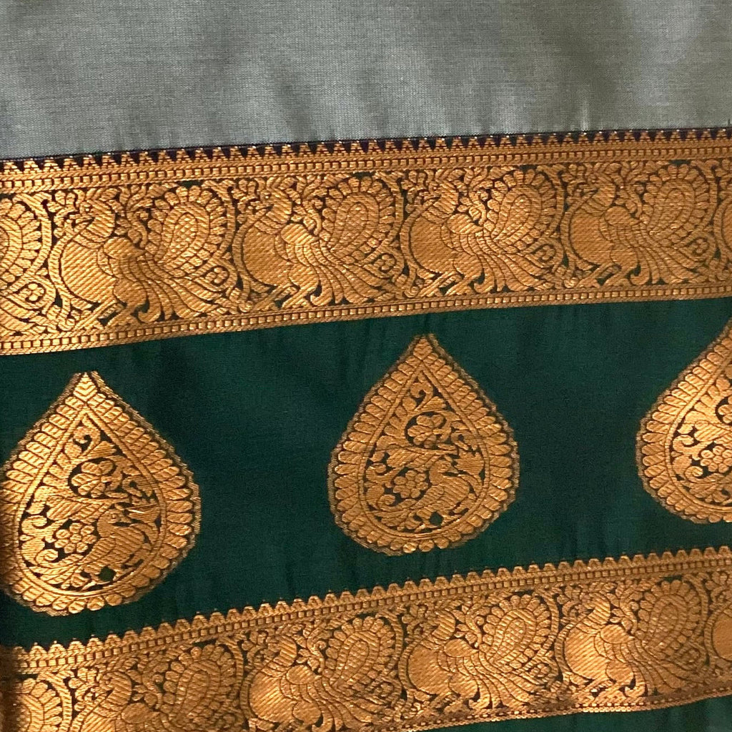 Slate Blue Saree Deep Emerald Pallu Antique Gold Zari