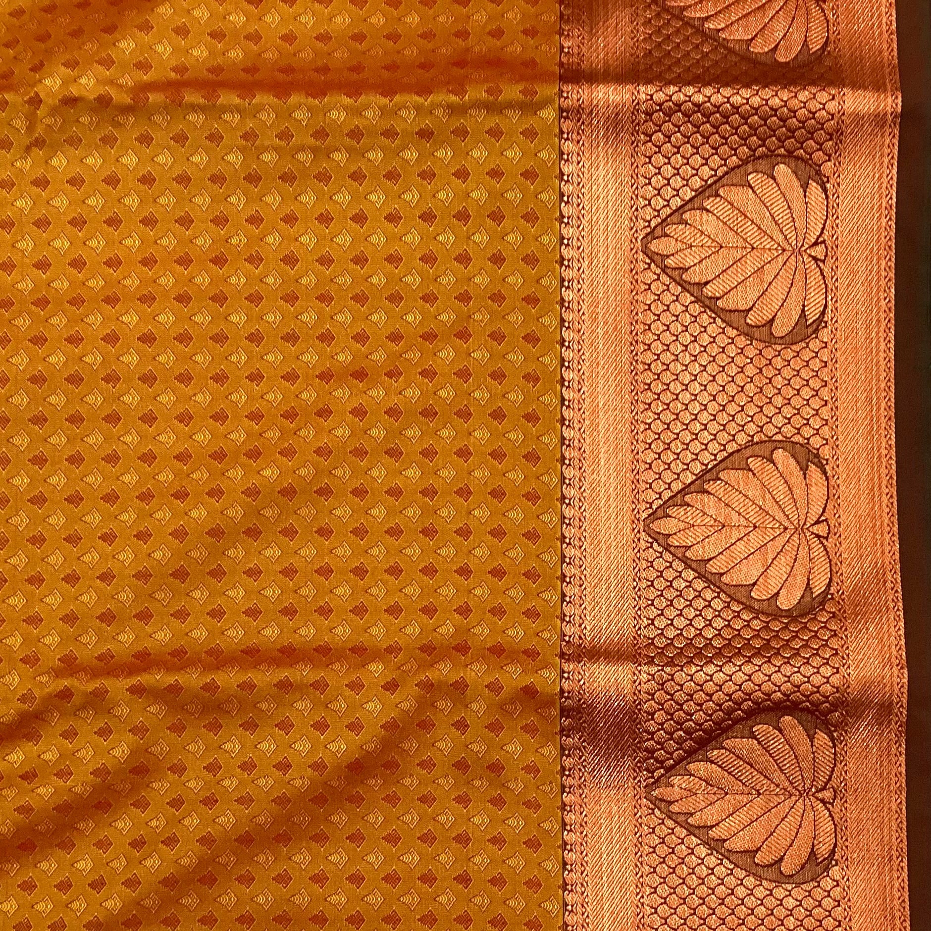 Copper Brown Saree With Copper Leaf Border And Teal Pallu