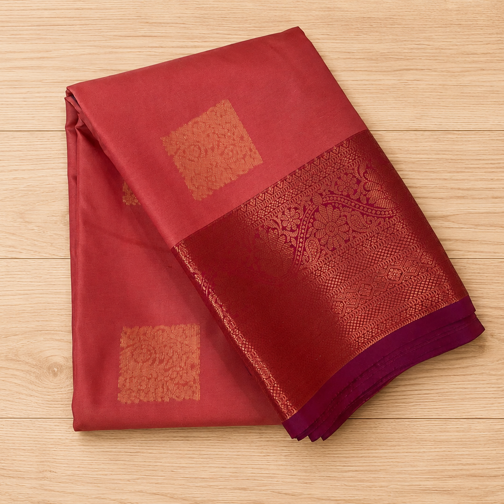 Coral Red Saree Copper Zari Squares Royal Purple Pallu Bridal