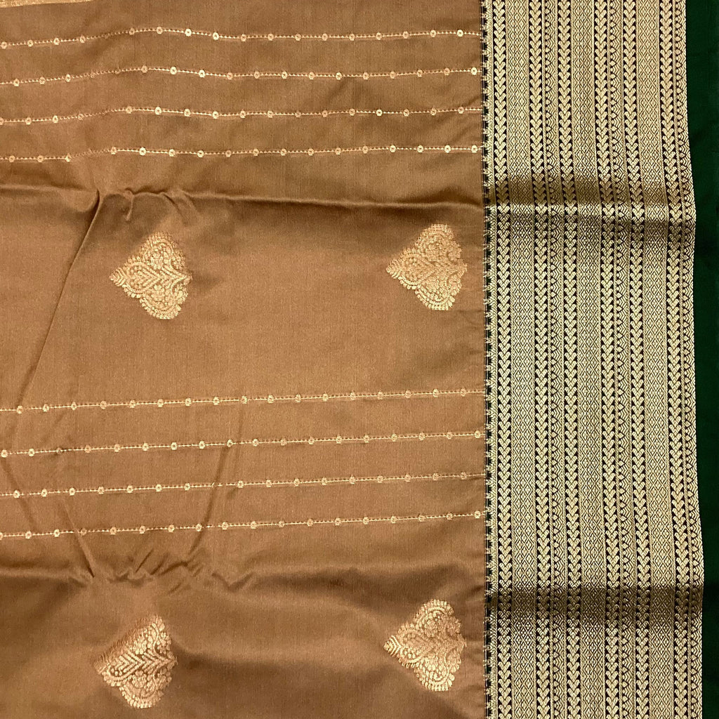 Taupe Brown Silk Saree Silver Brocade Pallu Teal Contrast Border