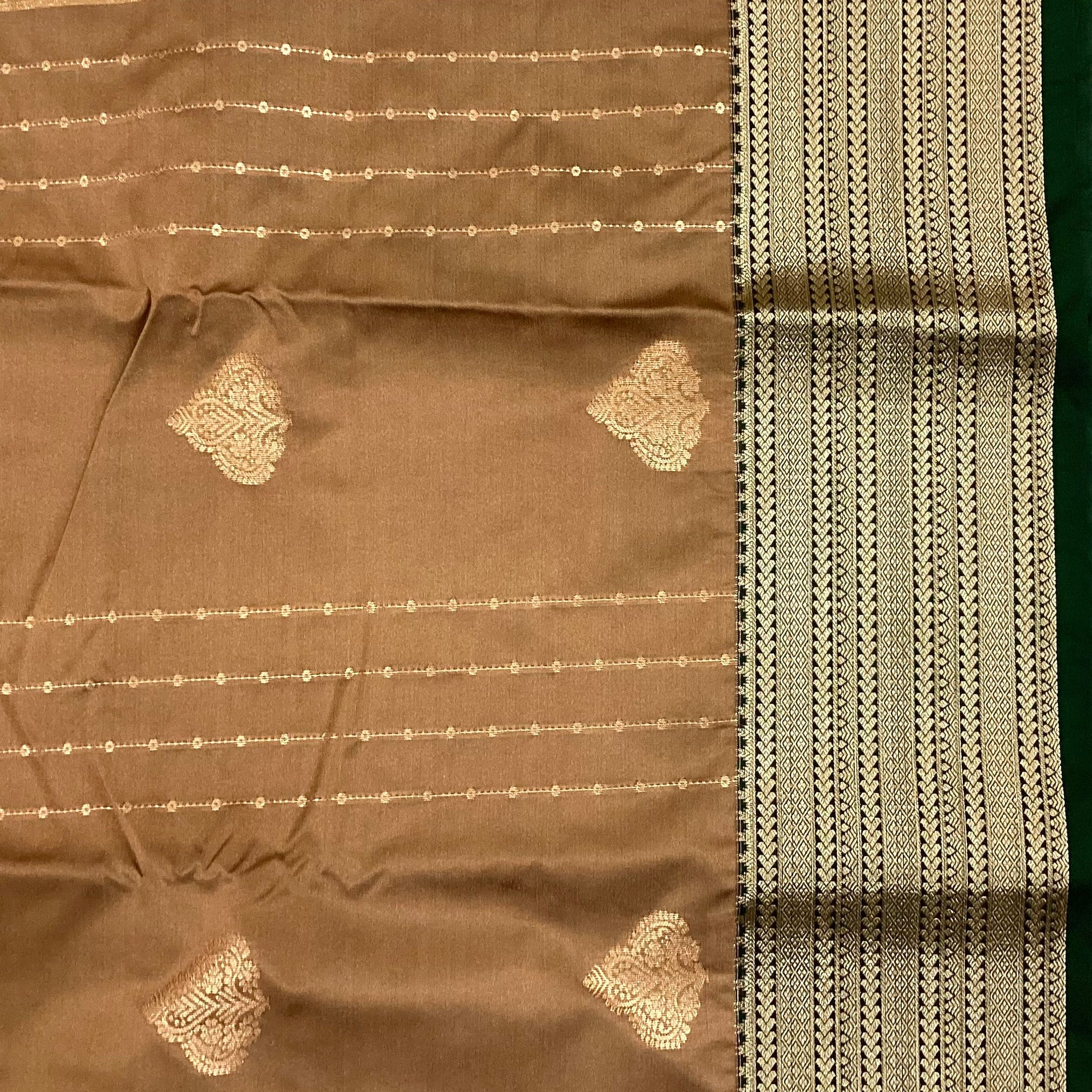 Taupe Brown Silk Saree Silver Brocade Pallu Teal Contrast Border