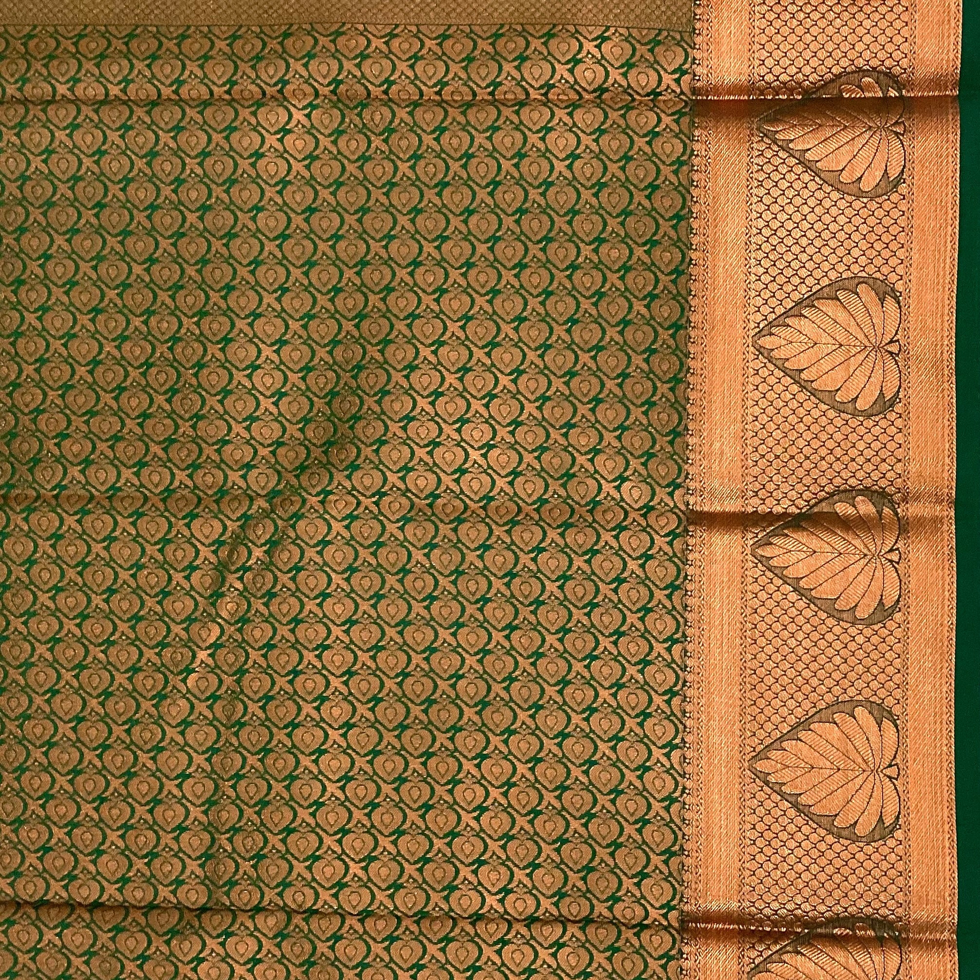 Copper Brown Saree With Copper Leaf Border And Teal Pallu