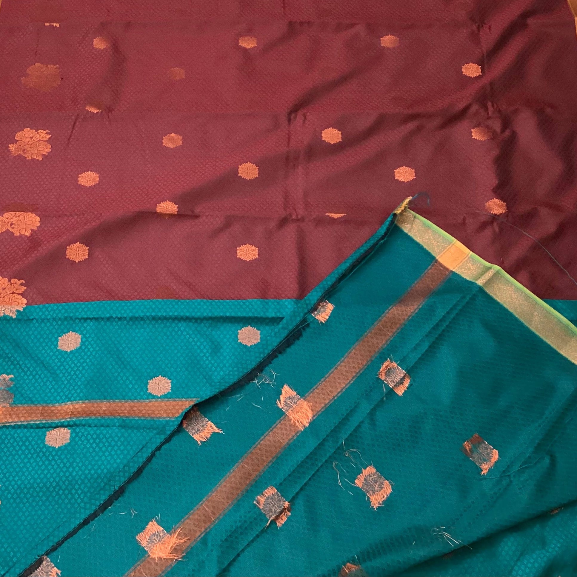 Teal Maroon Silk Saree Gold Zari Floral Buta Broad Border