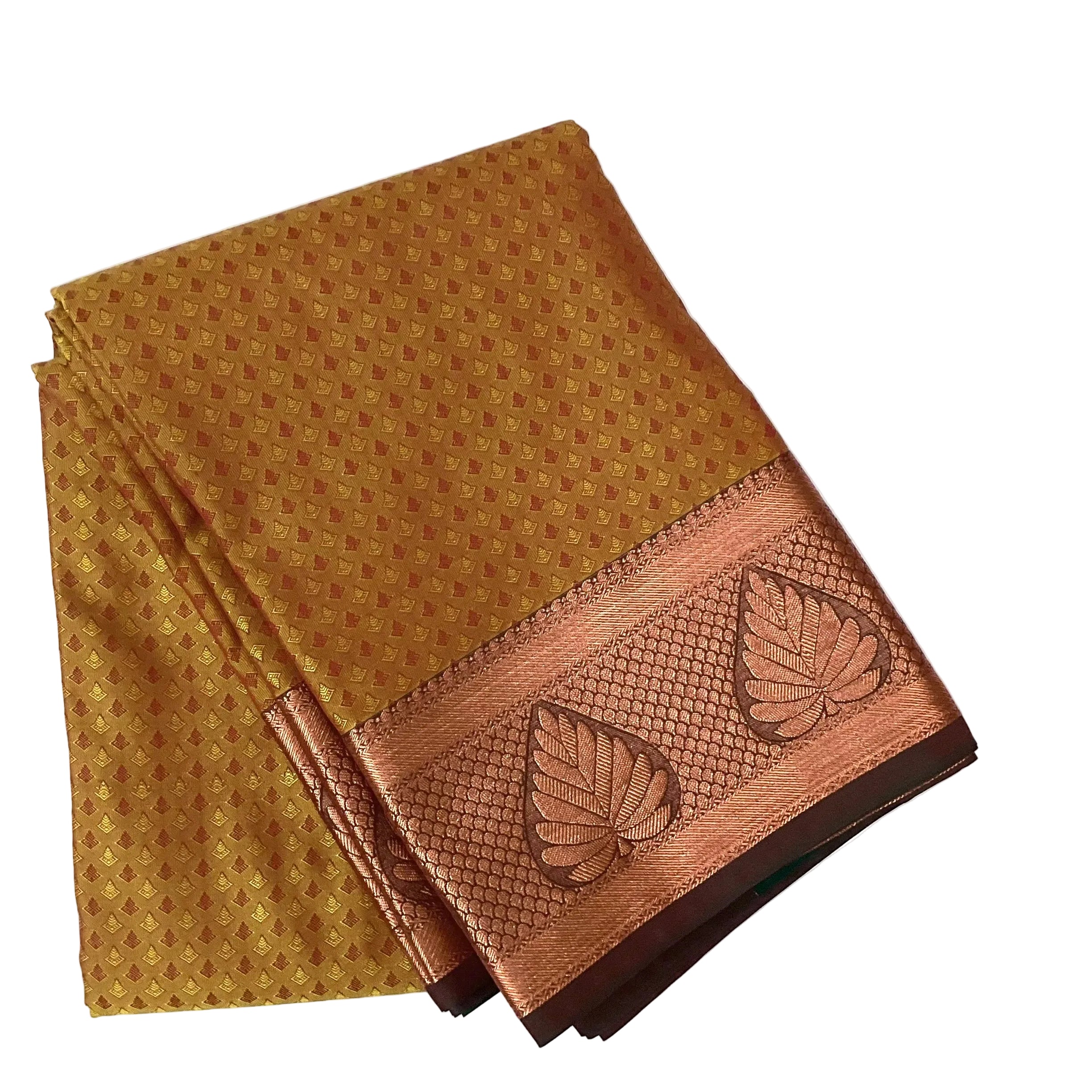 Copper Brown Saree With Copper Leaf Border And Teal Pallu