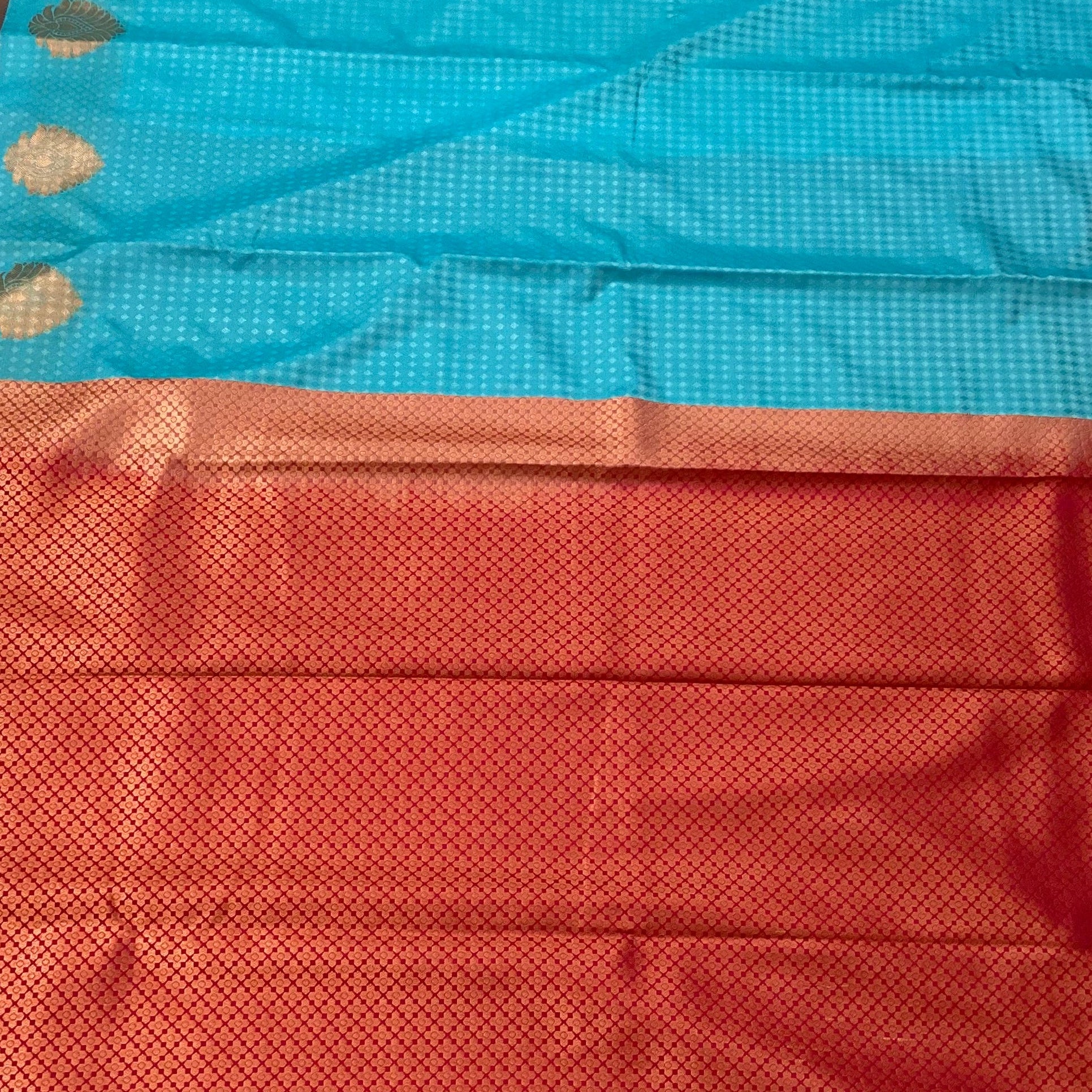 Turquoise Silk Saree with Magenta Pallu Antique Gold Zari Border