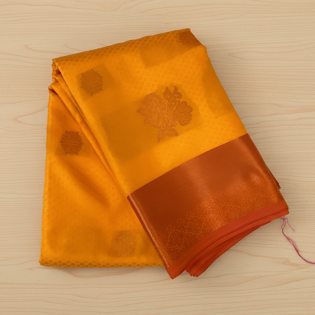 Saffron Maroon Pure Silk Saree With Golden Zari Floral Pallu