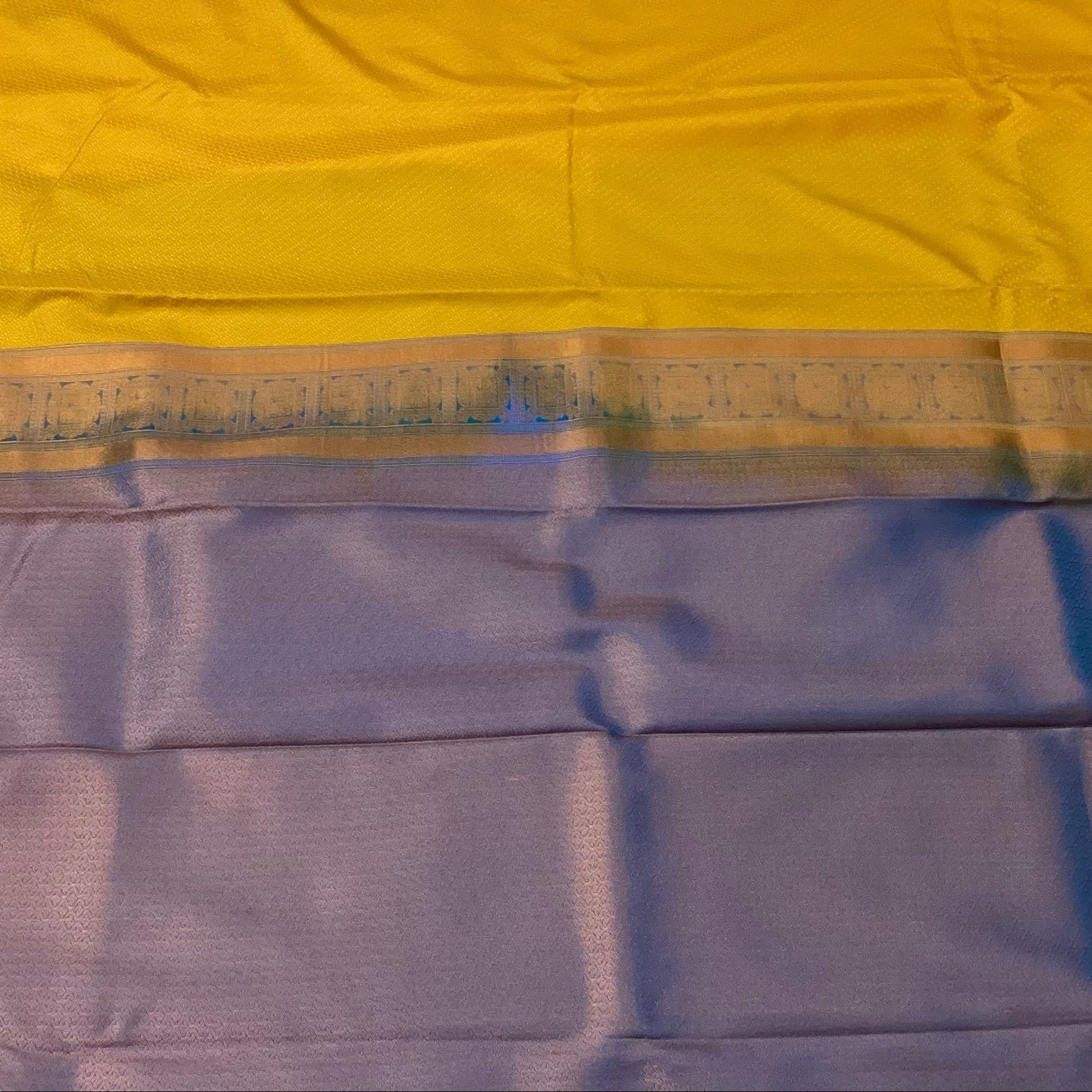 Mustard Silk Saree Copper Zari Border Royal Blue Pallu Traditional