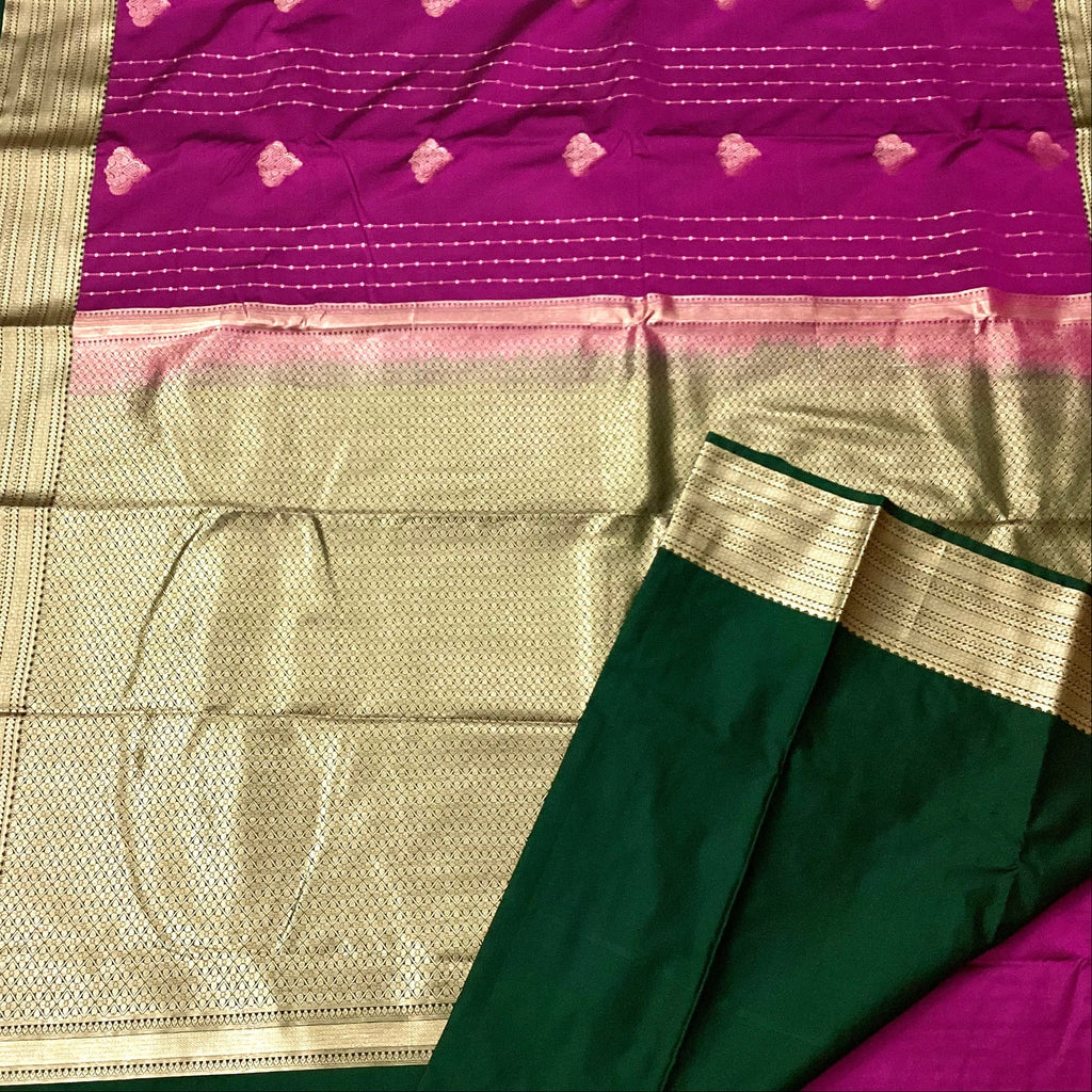 Magenta Silk Brocade Saree Champagne Gold Pallu Forest Green Border