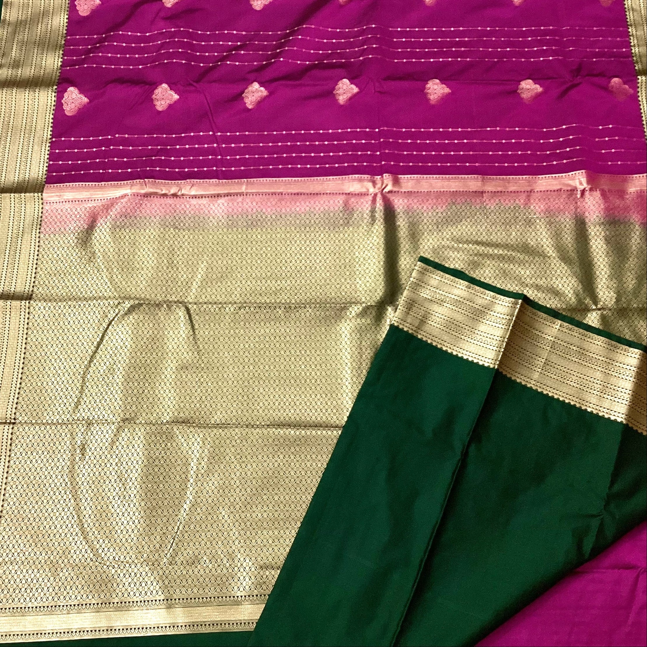 Magenta Silk Brocade Saree Champagne Gold Pallu Forest Green Border