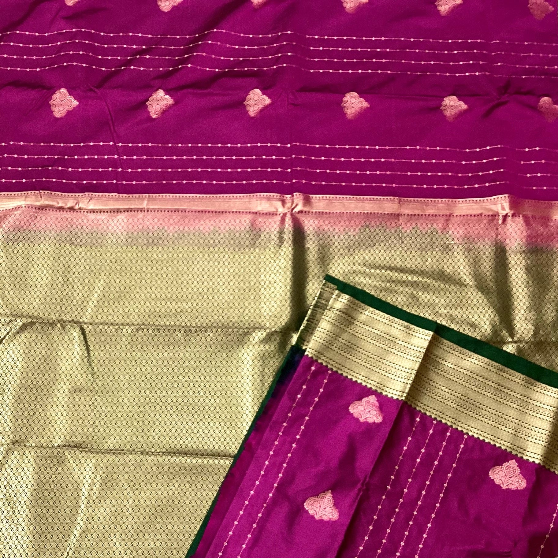 Magenta Silk Brocade Saree Champagne Gold Pallu Forest Green Border