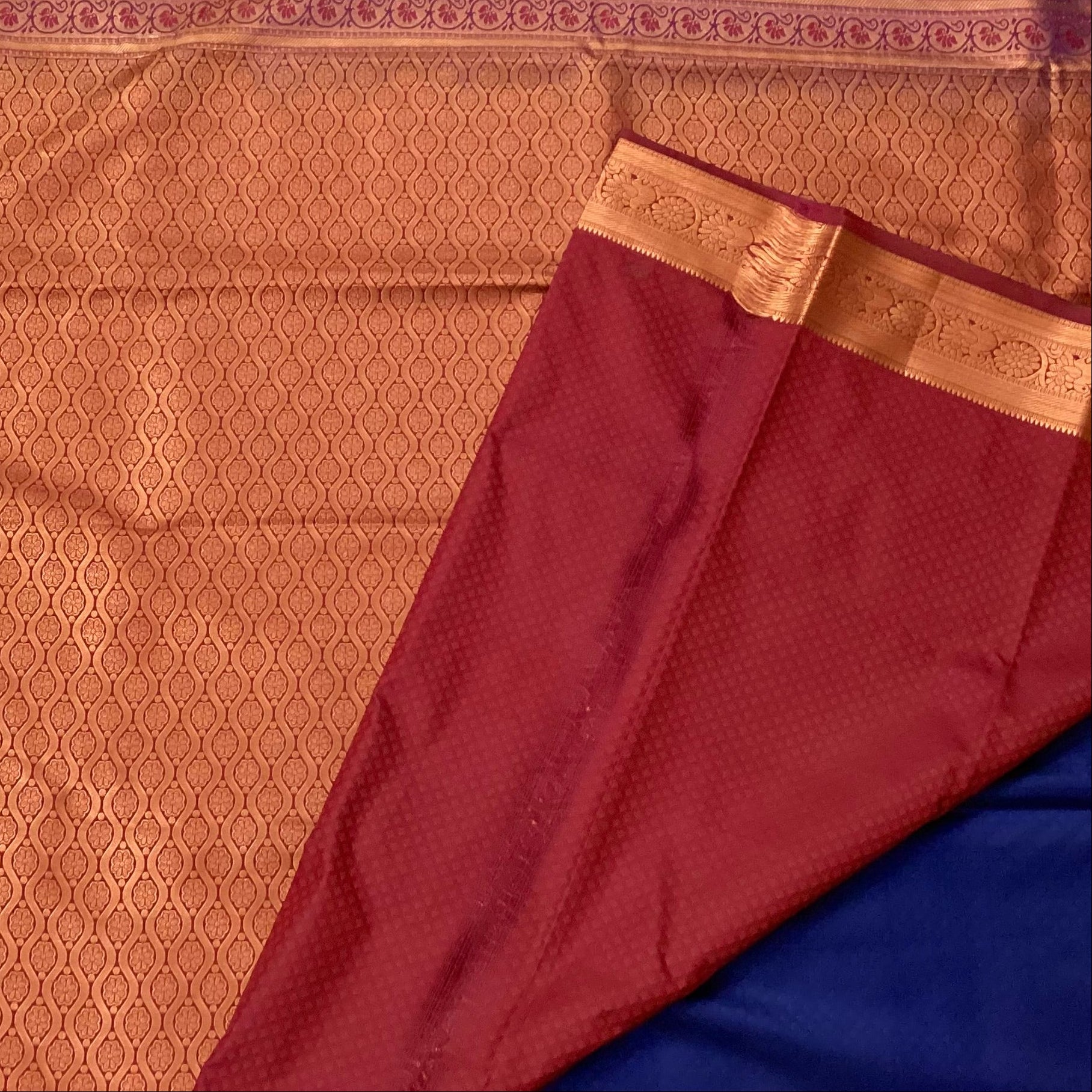 Cobalt Blue Silk Saree Copper Zari Pallu Elephant Border Traditional