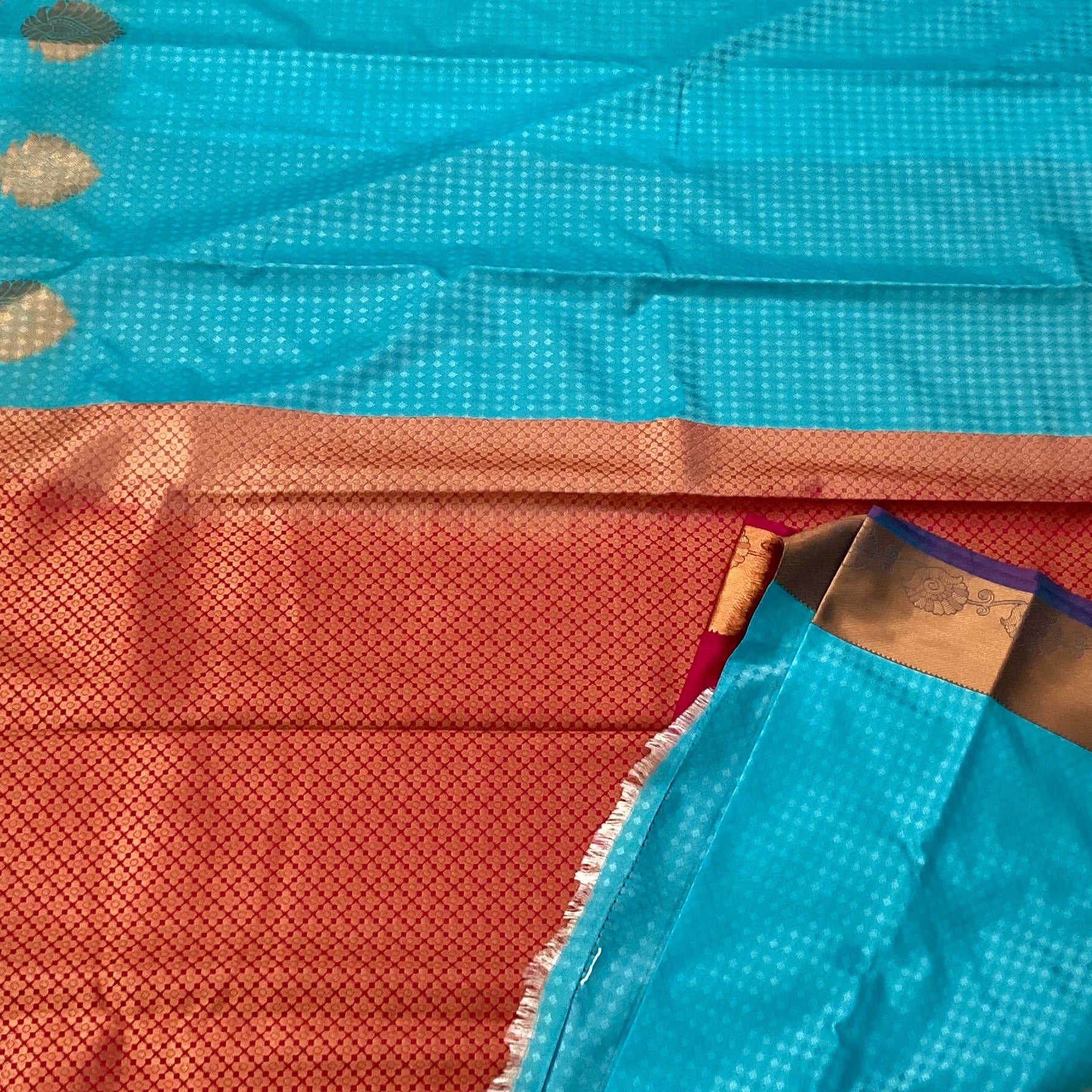 Turquoise Silk Saree with Magenta Pallu Antique Gold Zari Border
