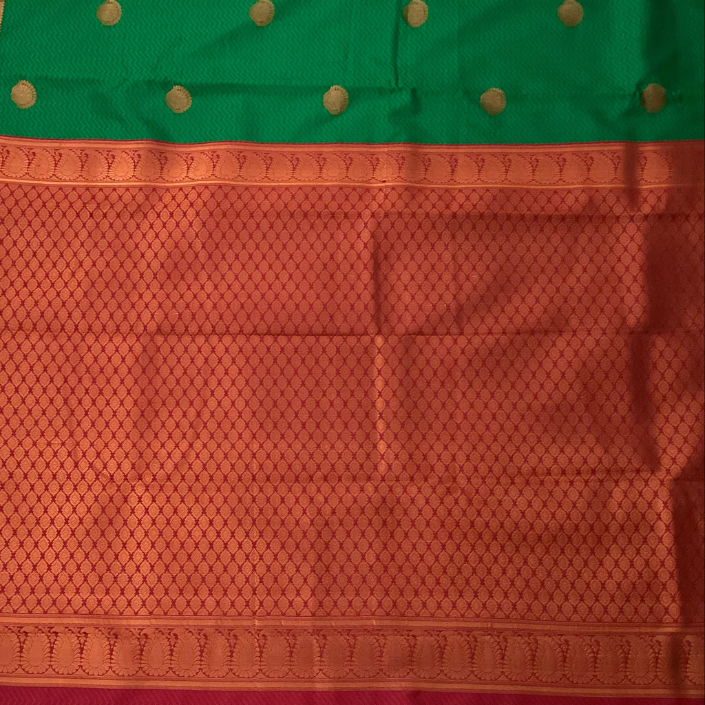 Emerald Green Silk Saree with Magenta Pallu and Gold Zari